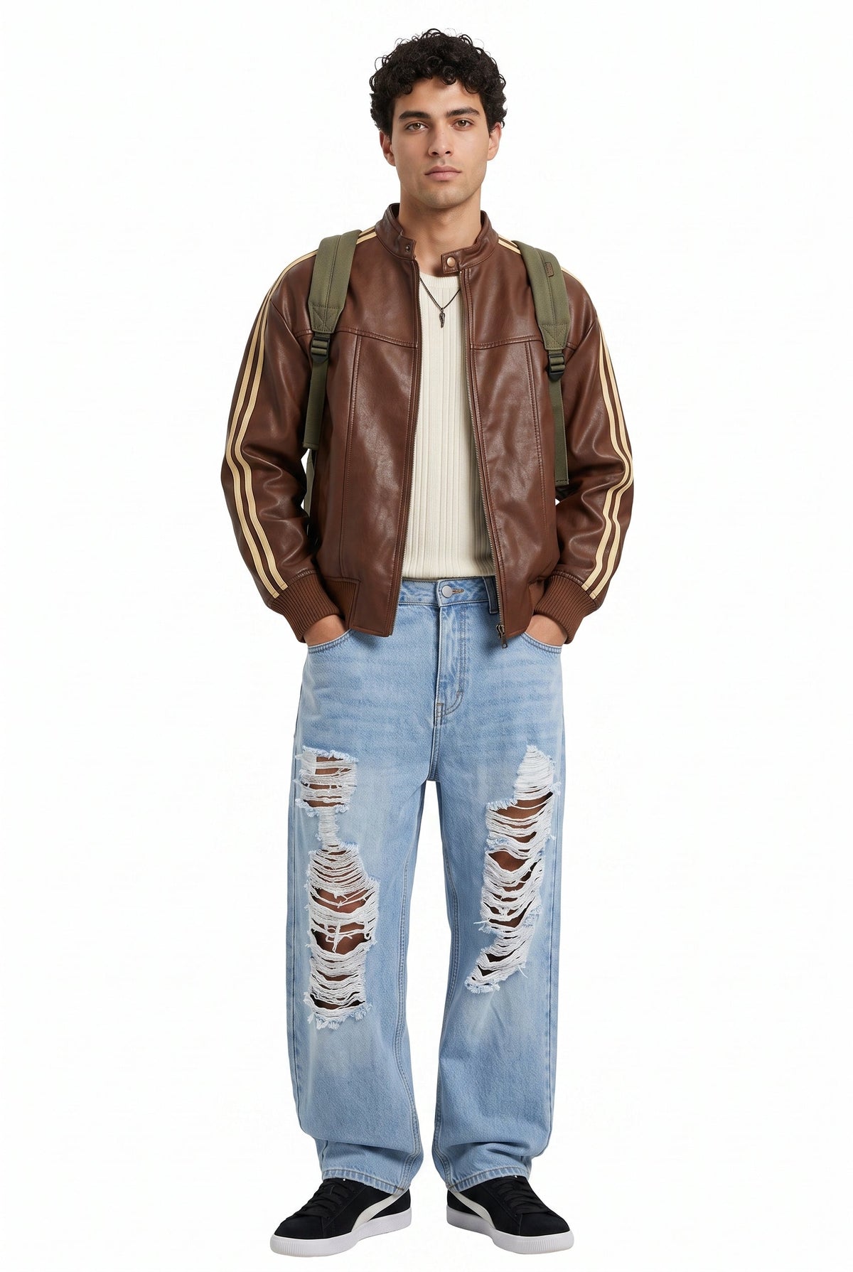 Stripe Sleeve Brown Leather Jacket