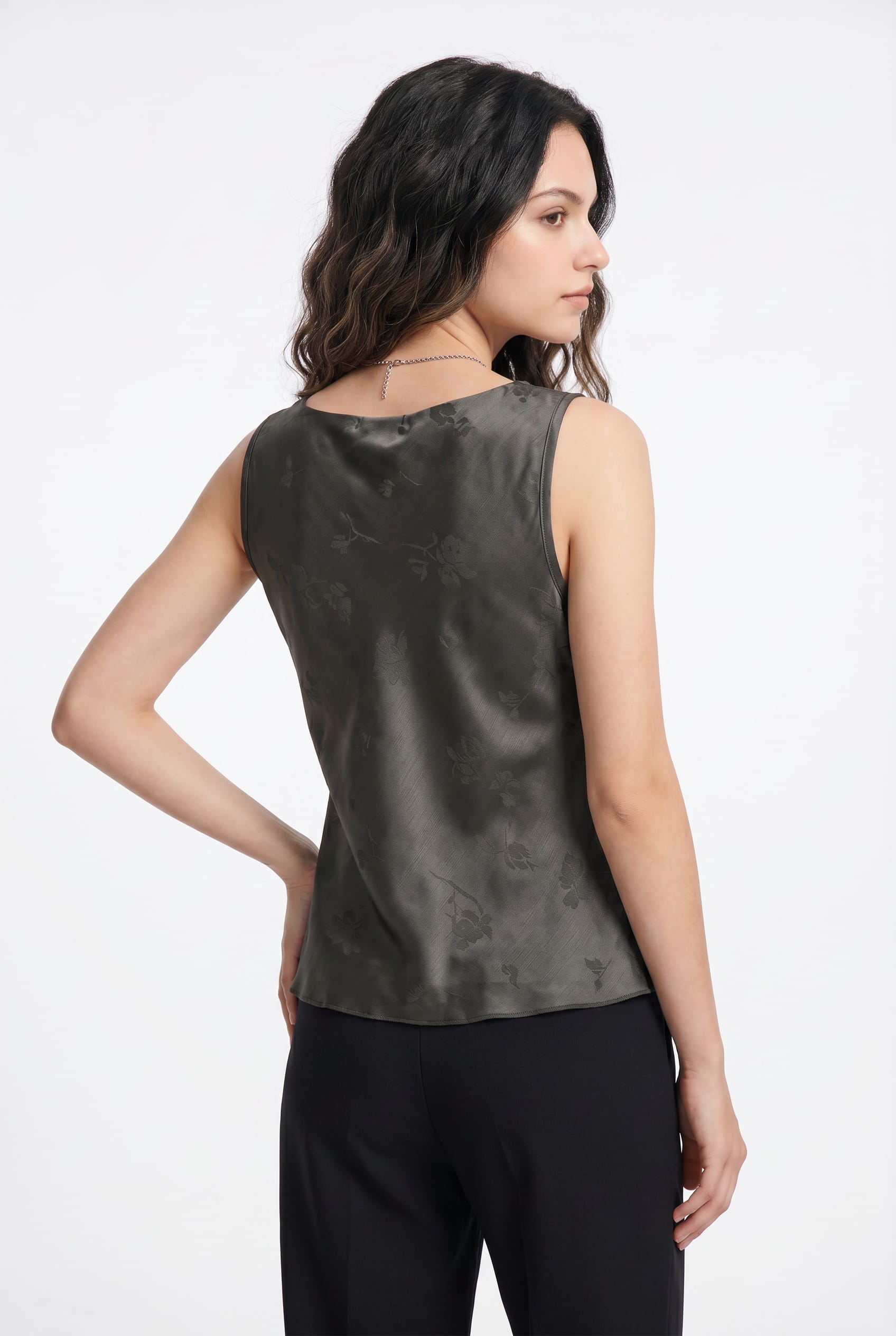 Charcoal Satin Tie-Front Sleeveless Top
