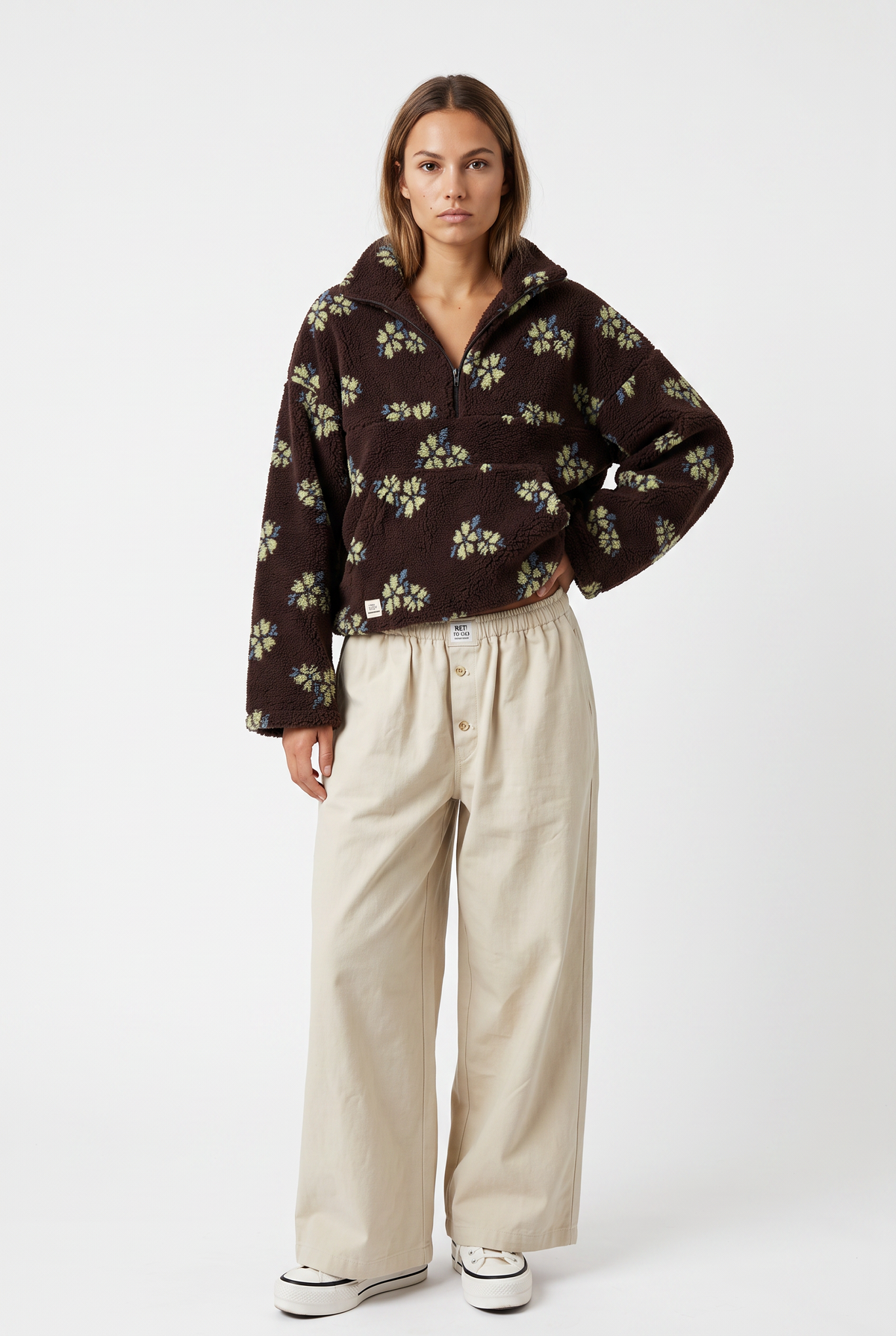 Brown Floral Sherpa Pullover Jacket
