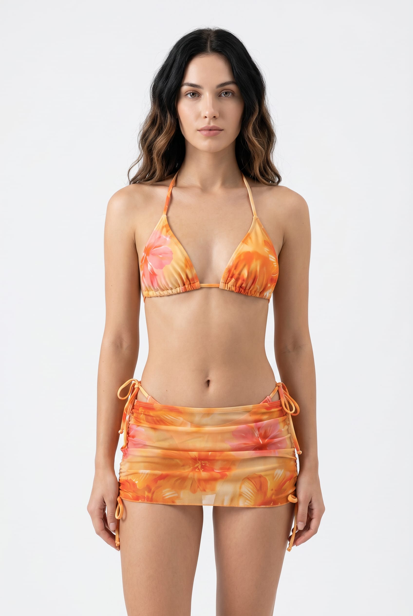 Orange Floral Print Triangle Bikini Set