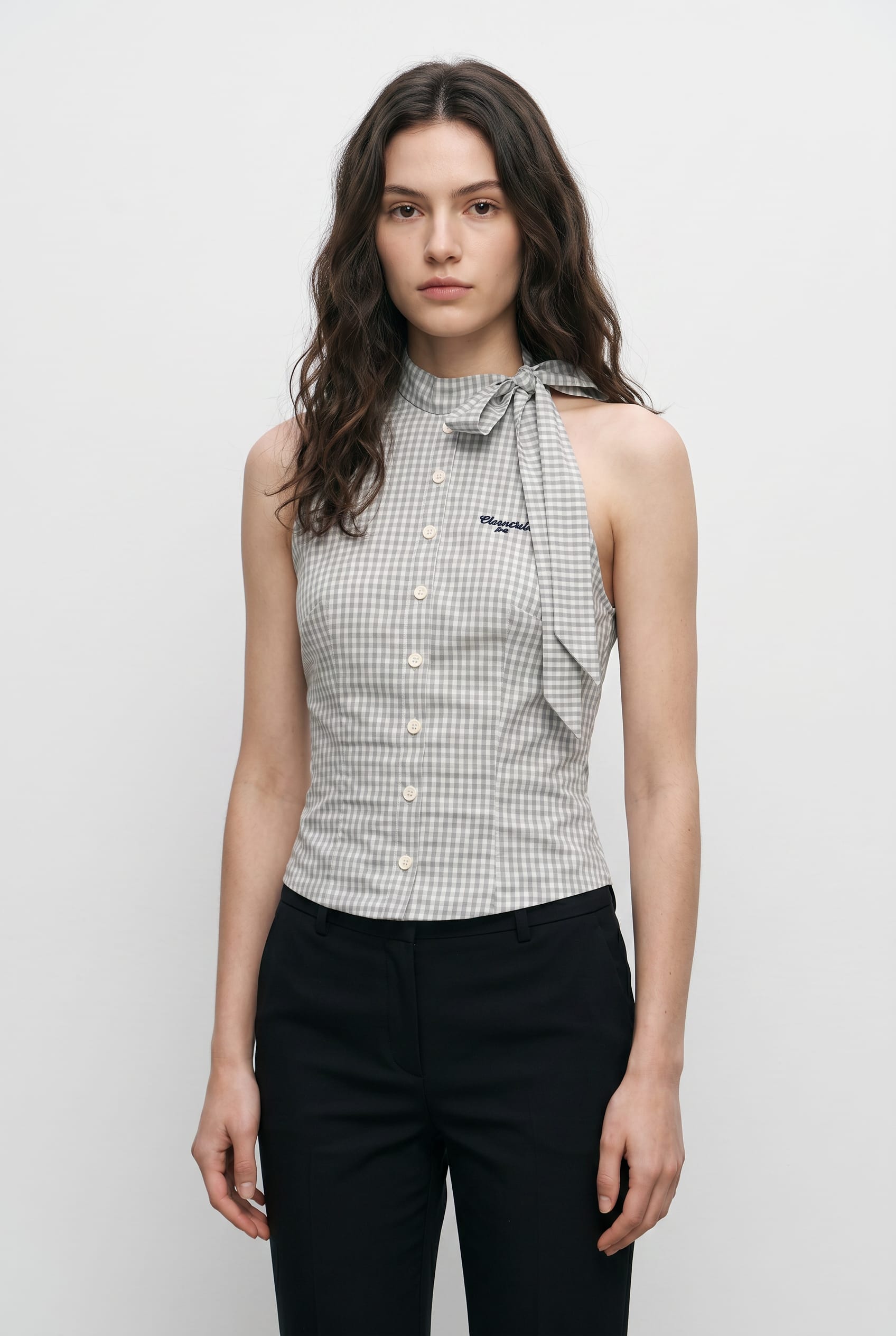 Grey Gingham Halter Neck Bow Top