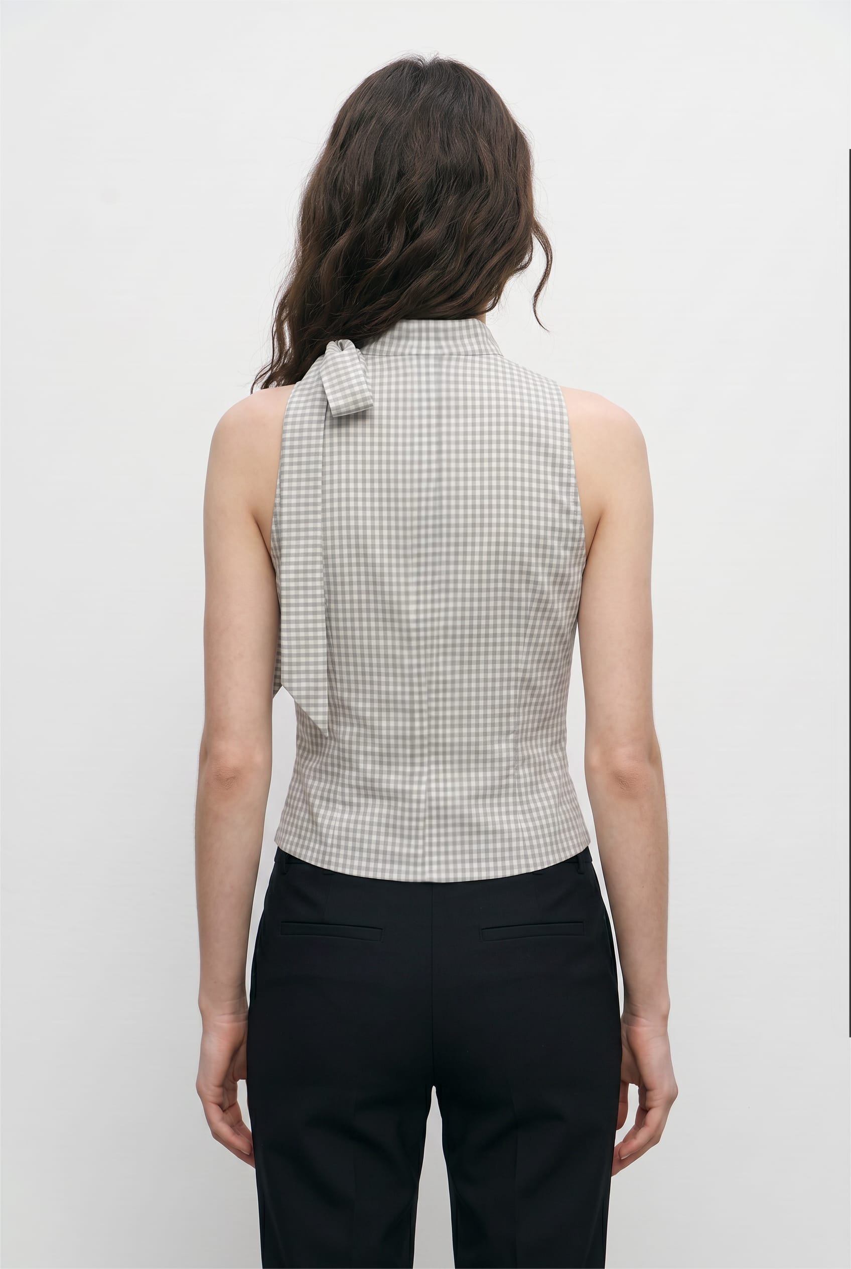 Grey Gingham Halter Neck Bow Top