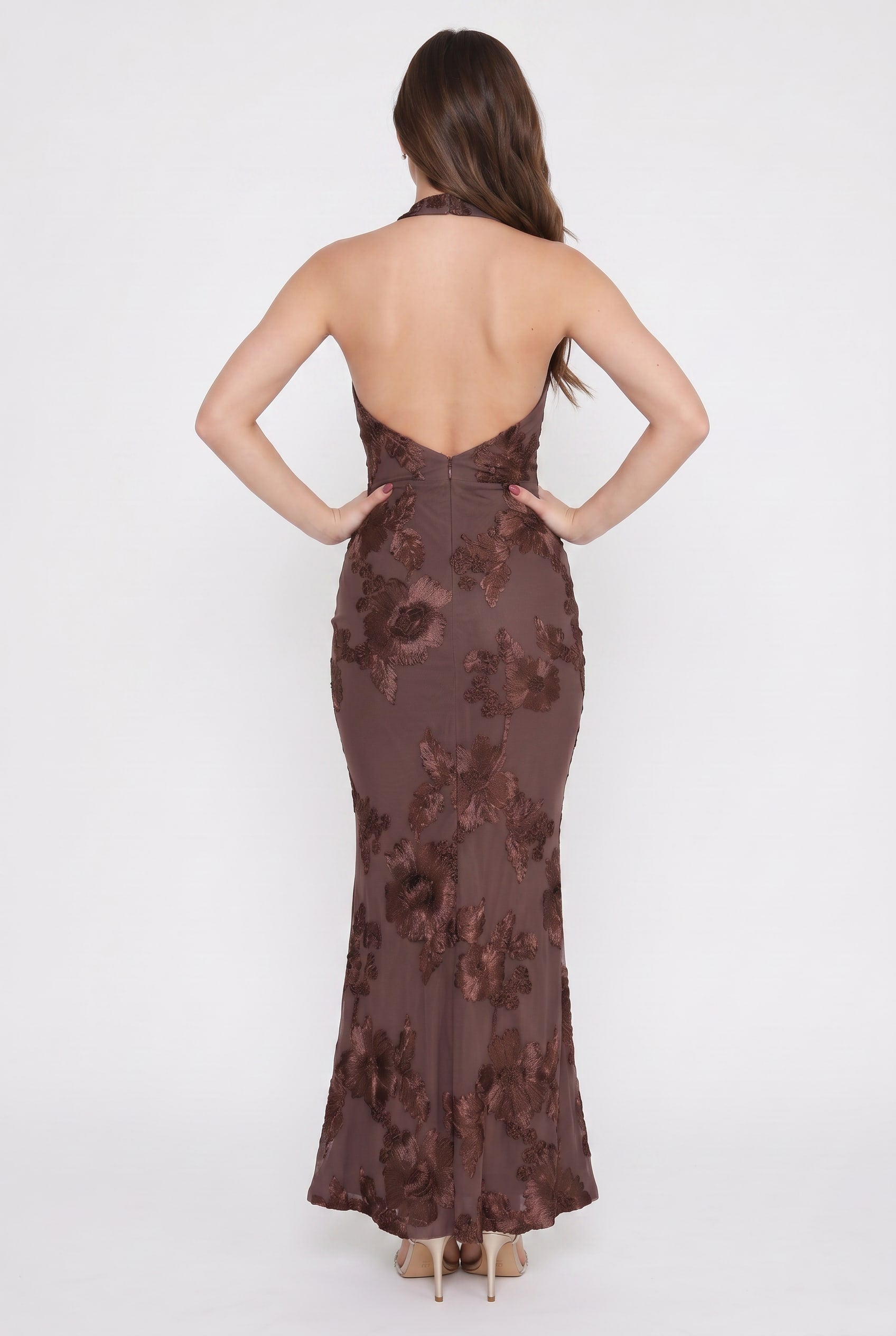 Chocolate Embroidered Floral Halter Maxi Dress