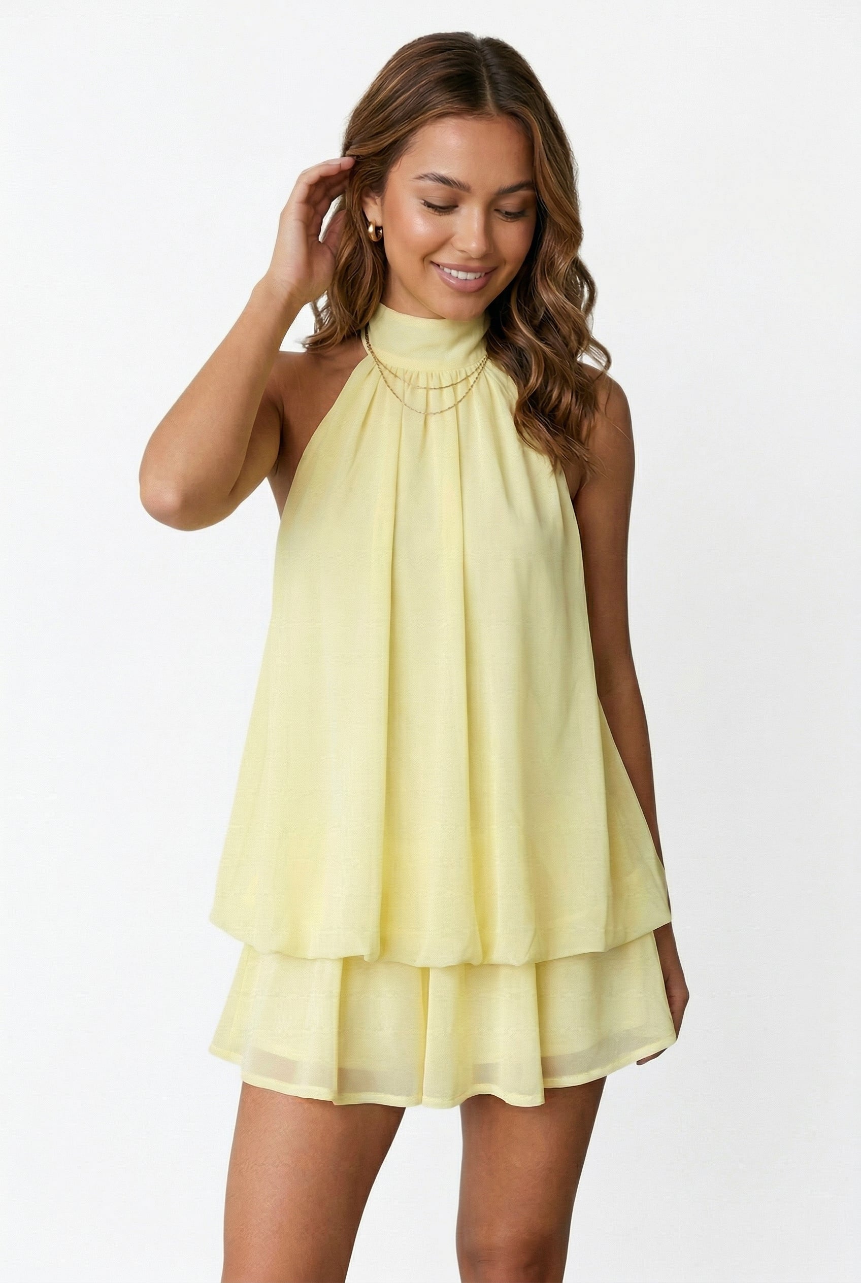 Lemon Yellow Halter Neck Tiered Dress