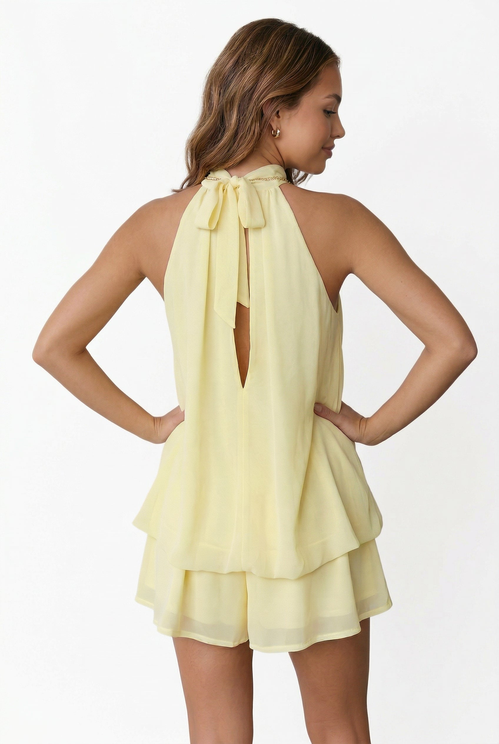 Lemon Yellow Halter Neck Tiered Dress