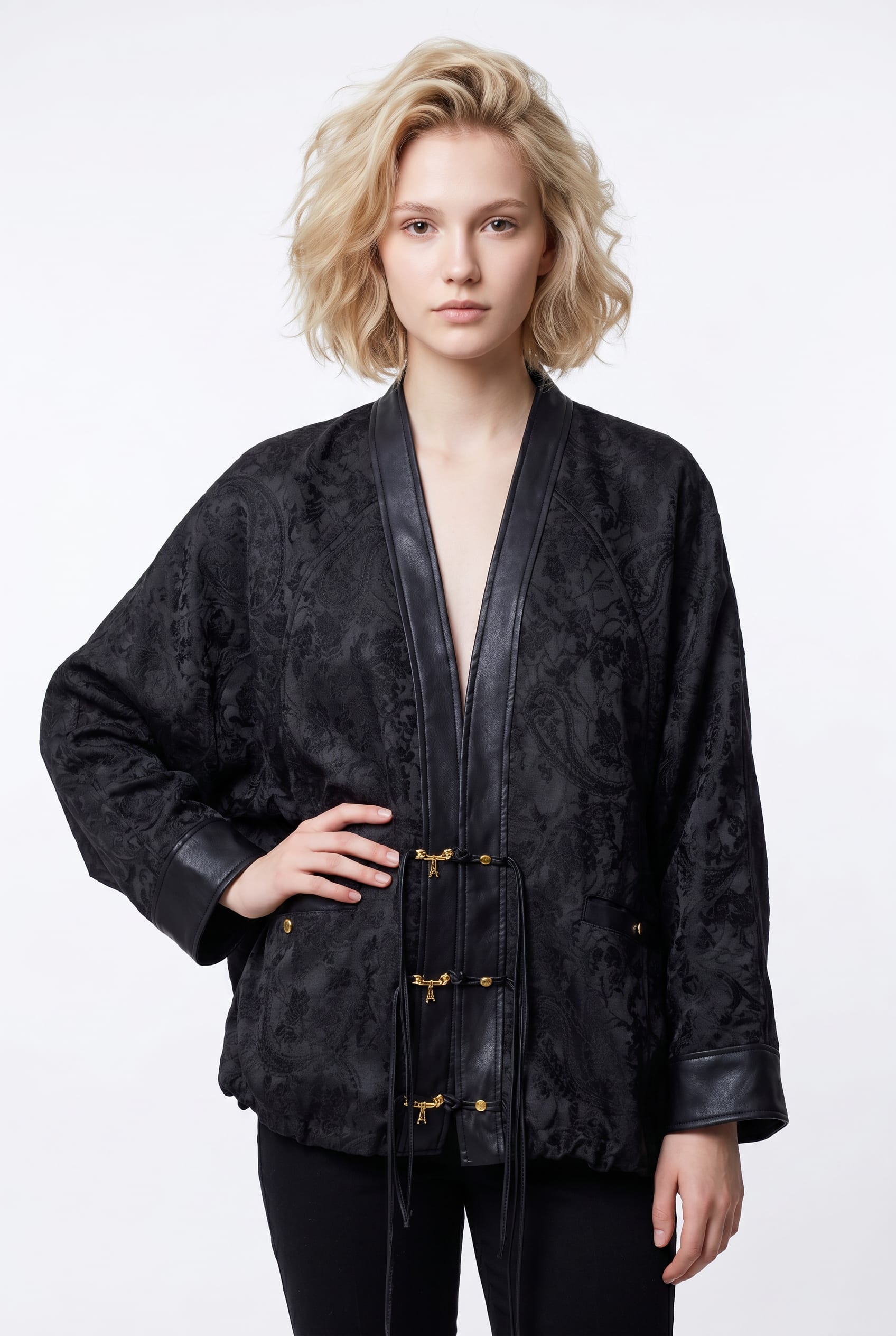 Black Jacquard Kimono Jacket Gold Closures