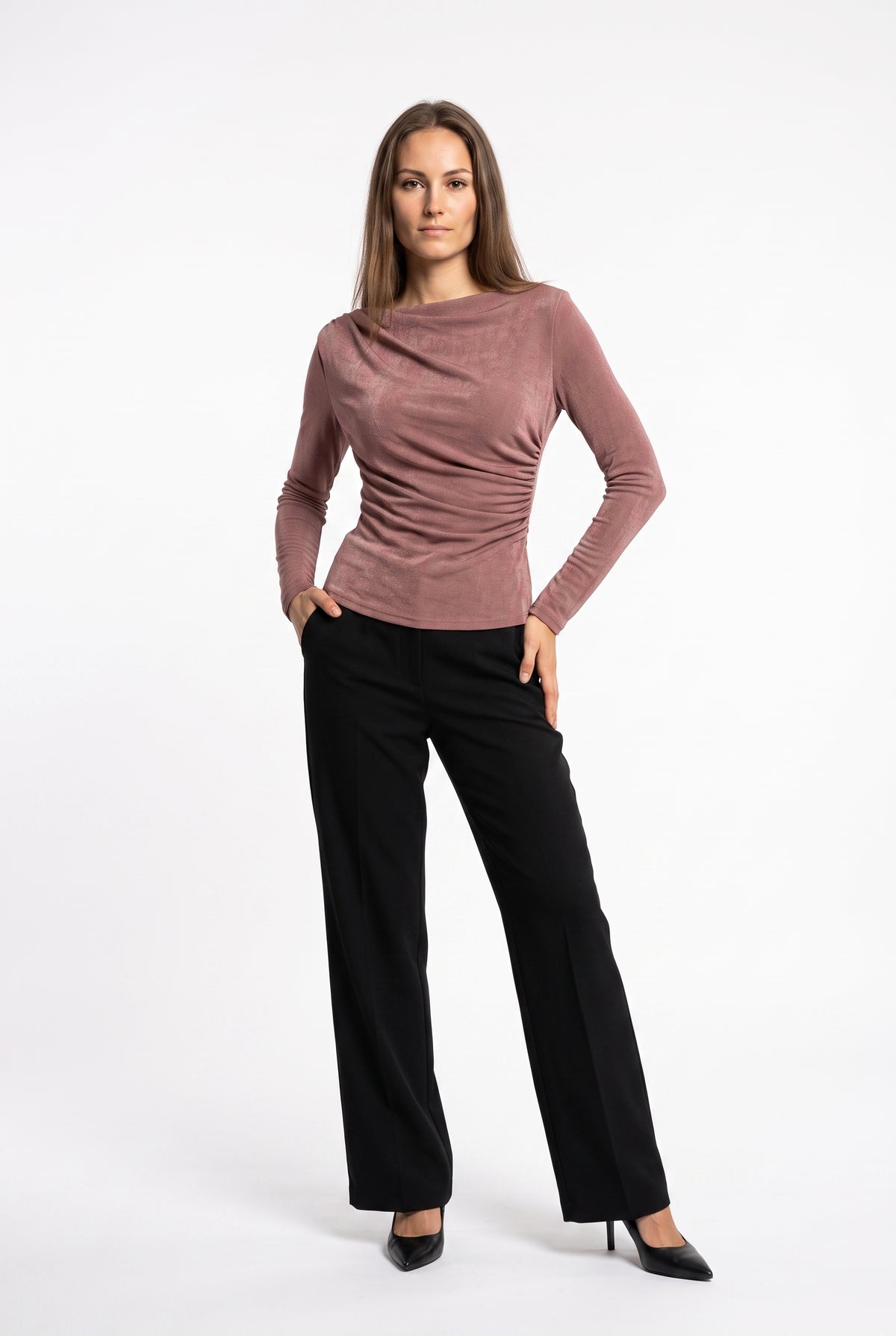Mauve Ruched Velvet Long-Sleeve Top