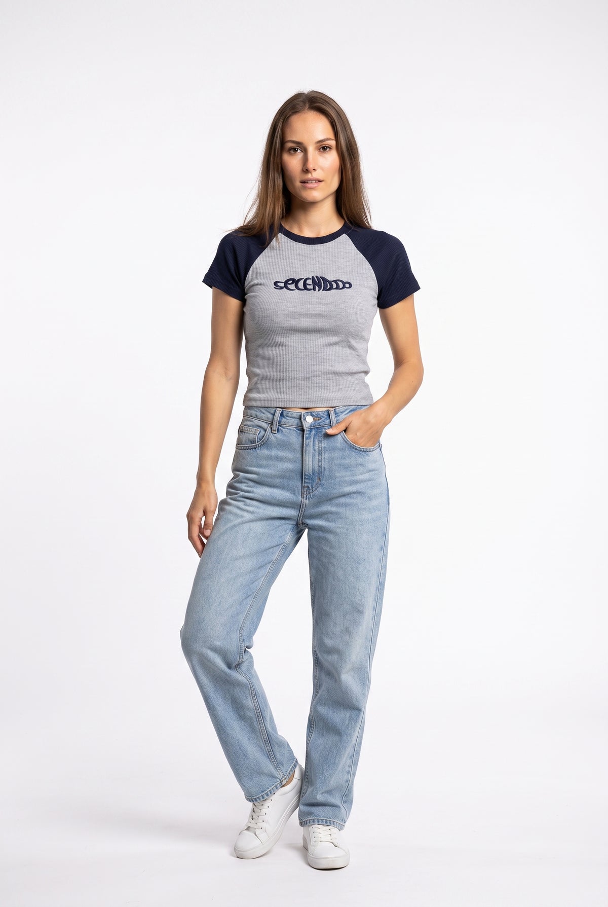 Gray Navy Raglan Crop Shirt