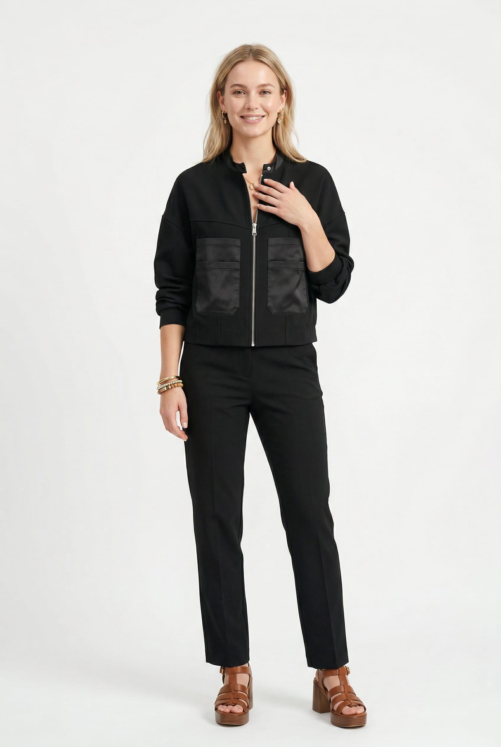Black Satin Pocket Bomber Jacket