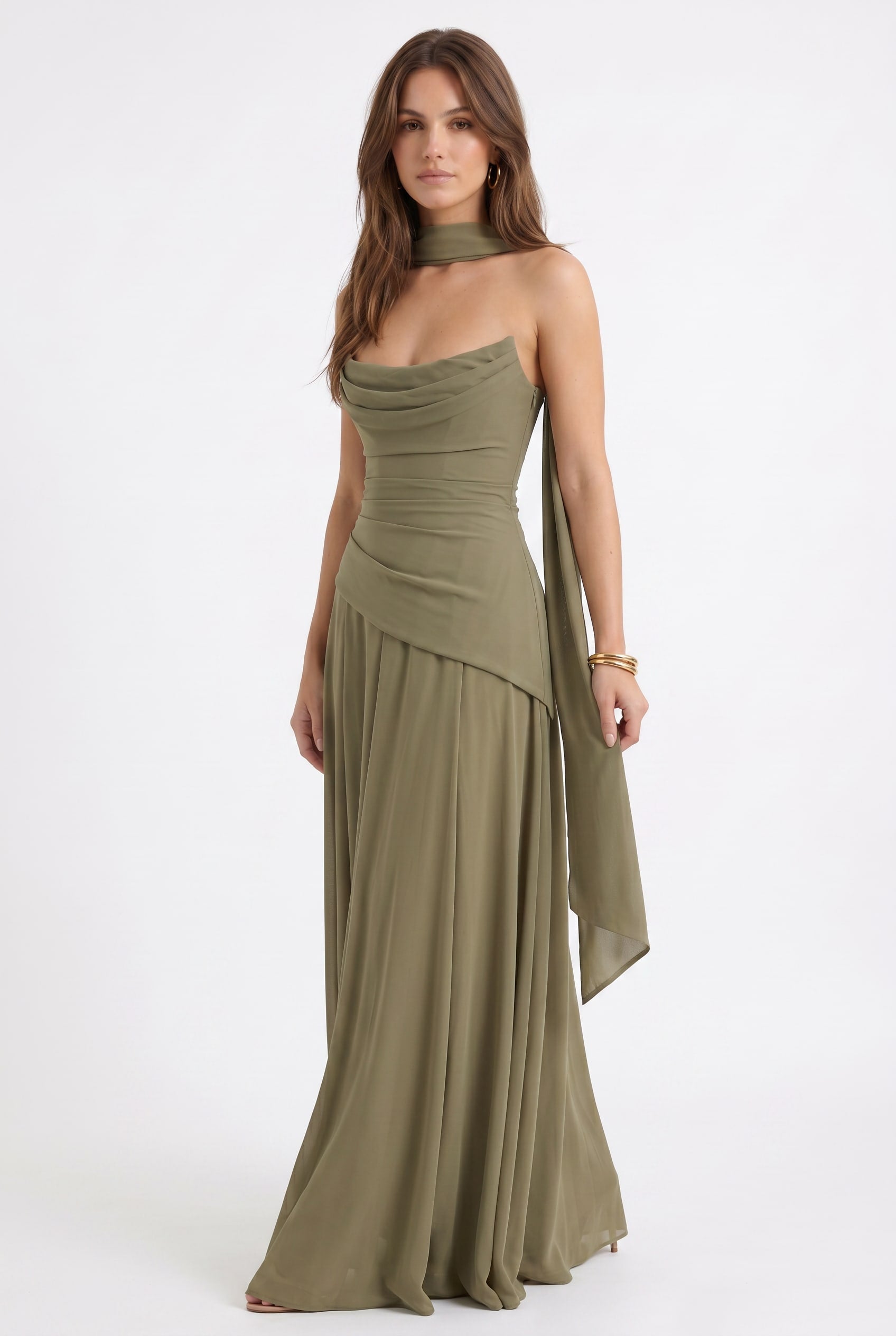 Olive Draped Halter Neck Maxi Dress