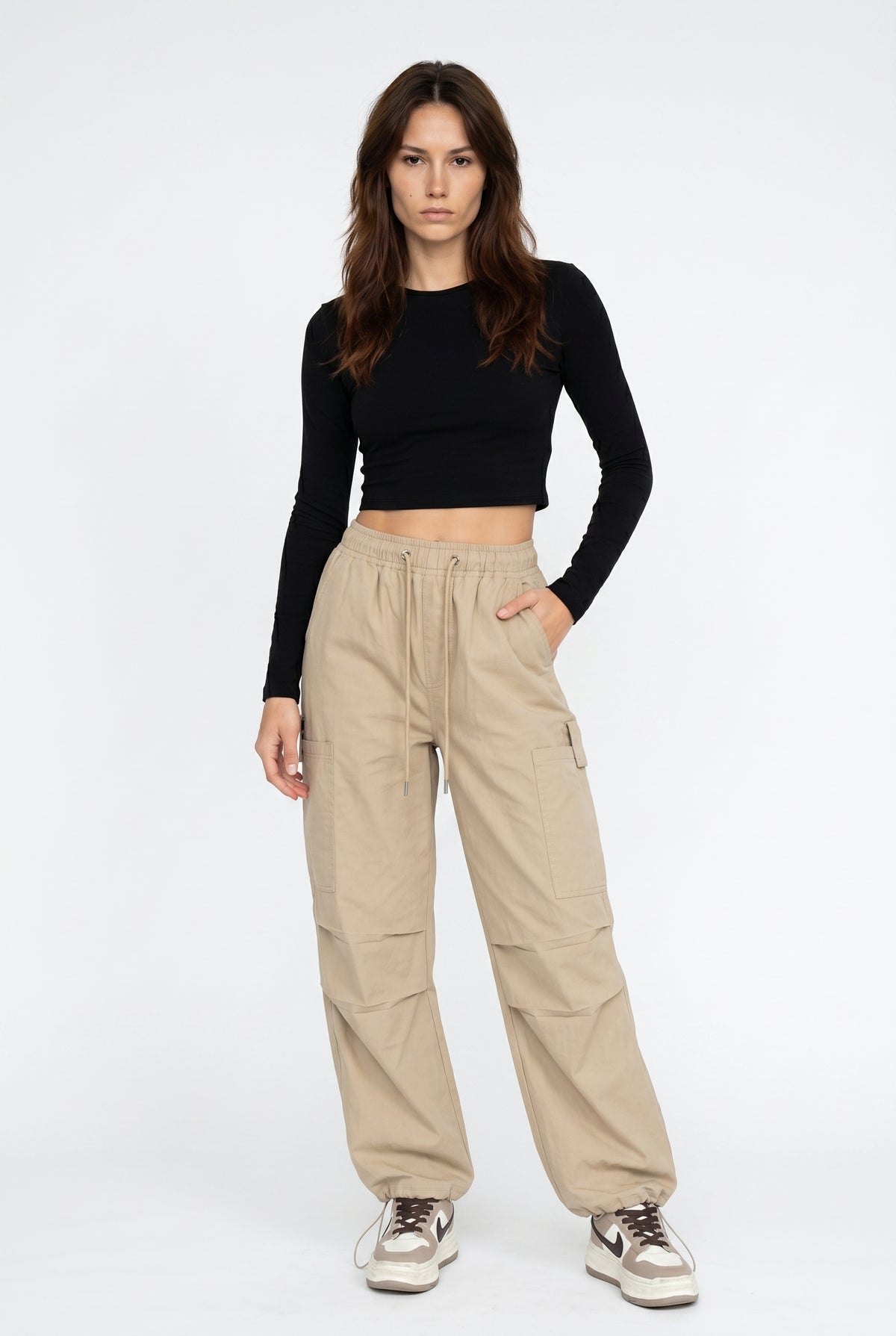 Beige Wide Leg Cargo Pants