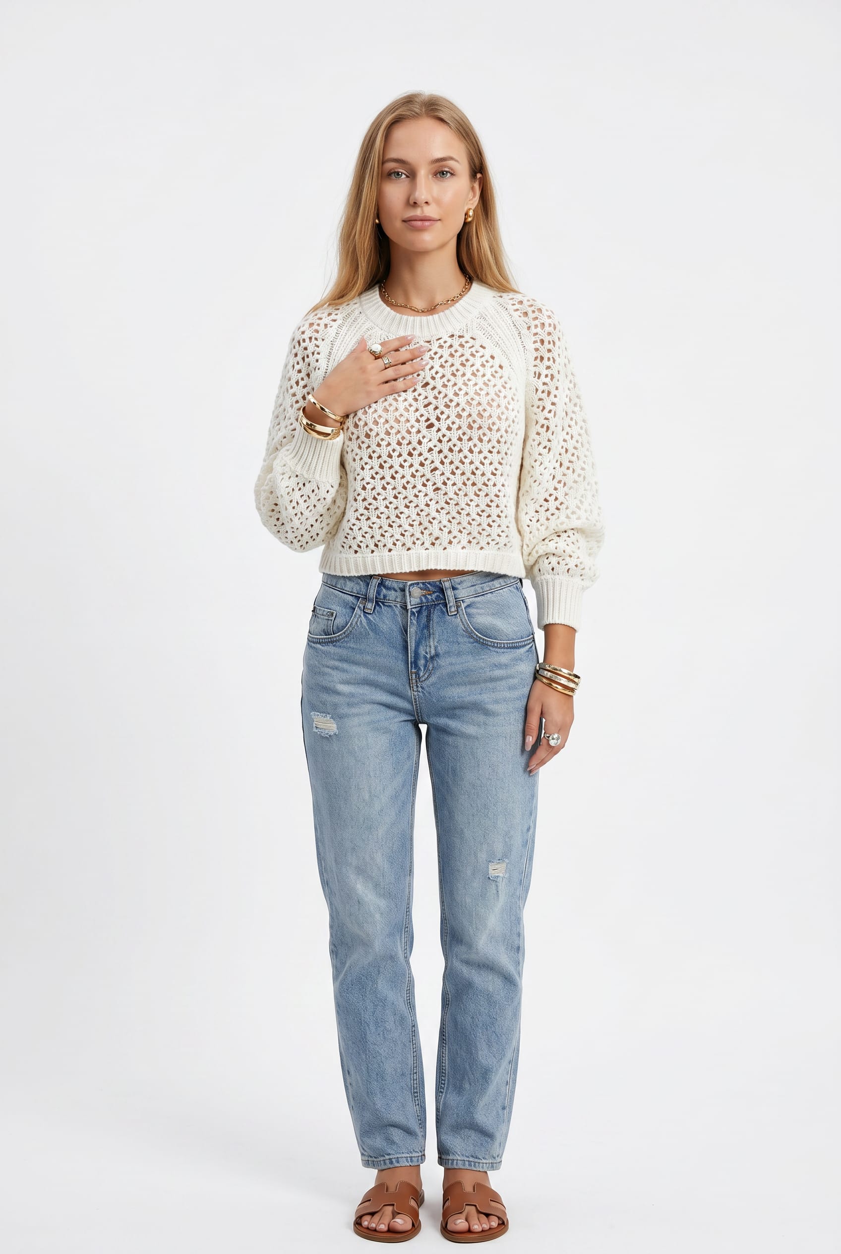 Cream Open-Knit Cropped Sweater