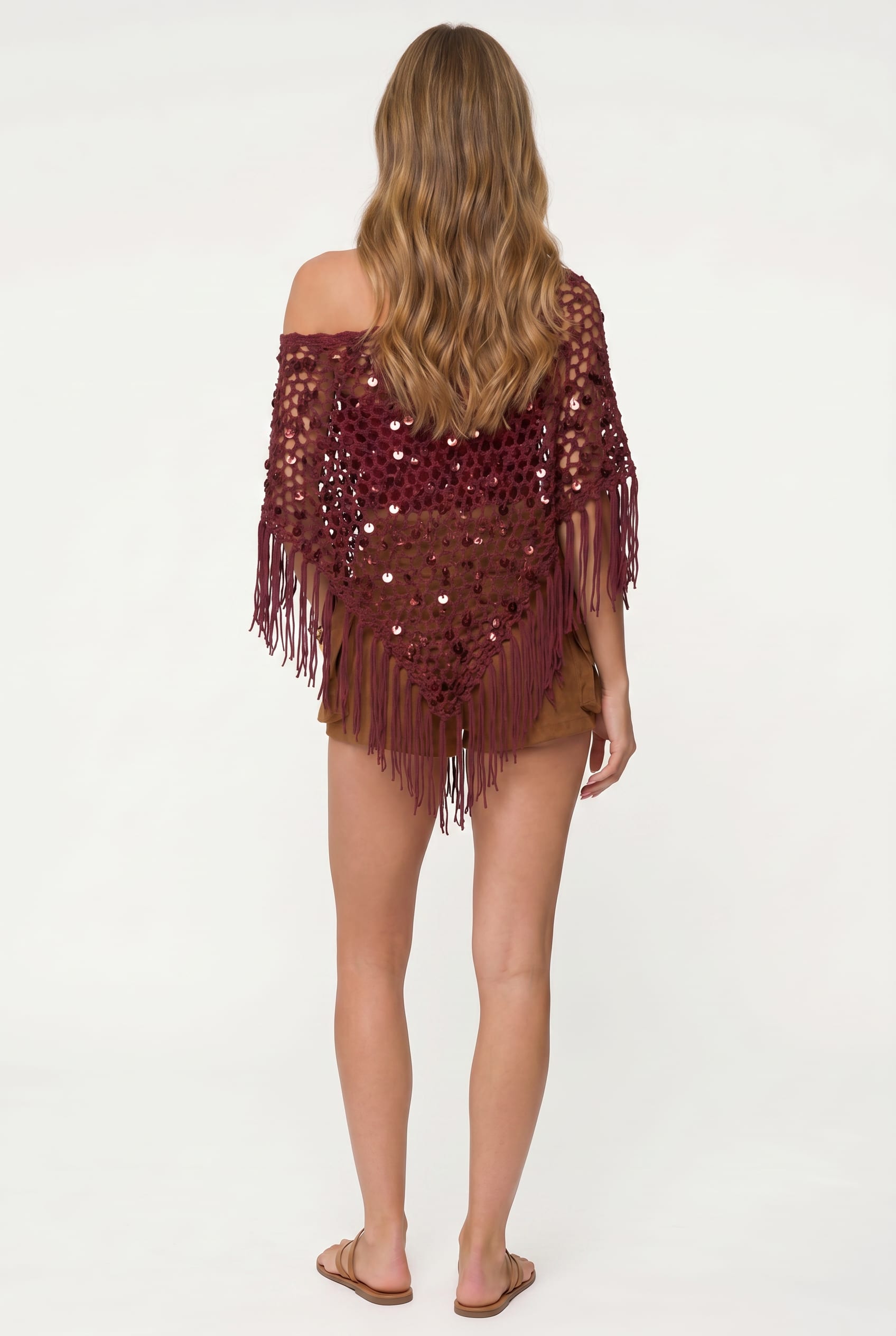 Burgundy Sequin Fringe Off-Shoulder Poncho Top