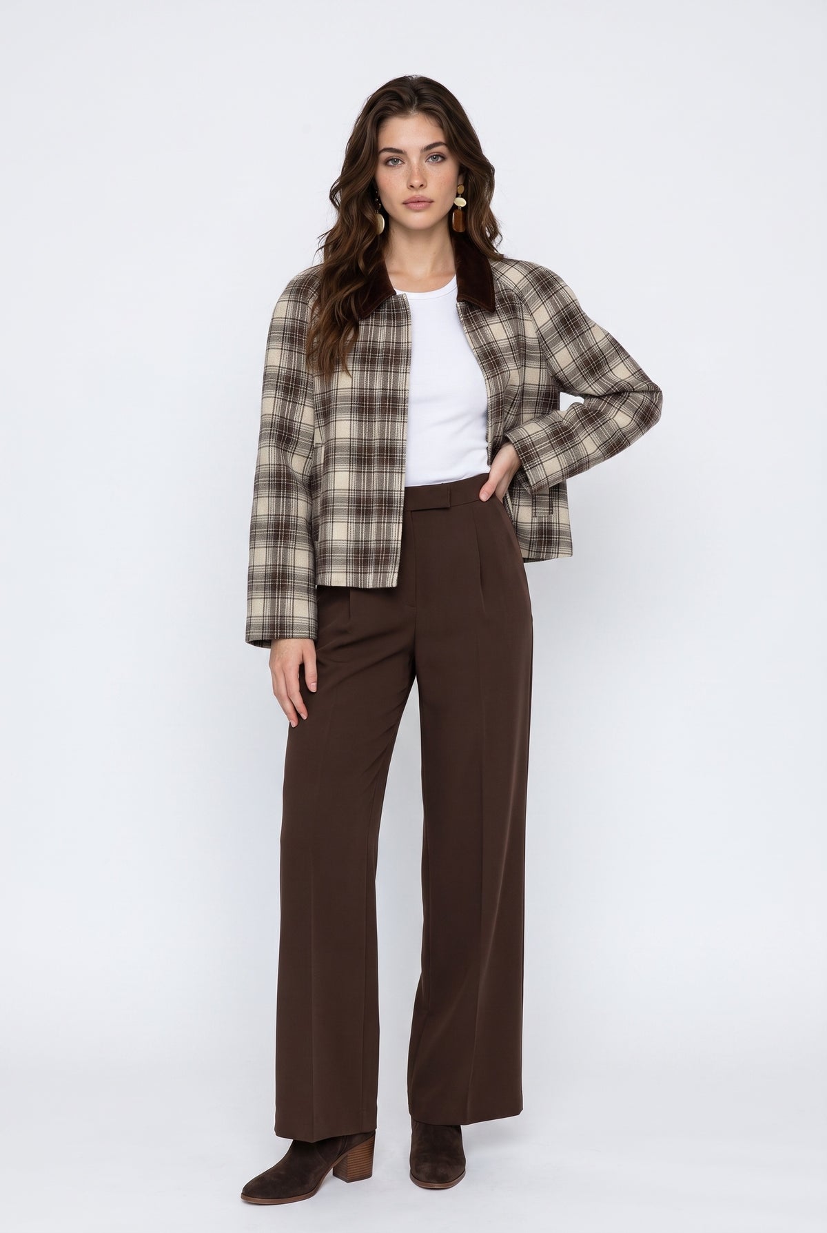 Plaid Cropped Cream Wool Jacket