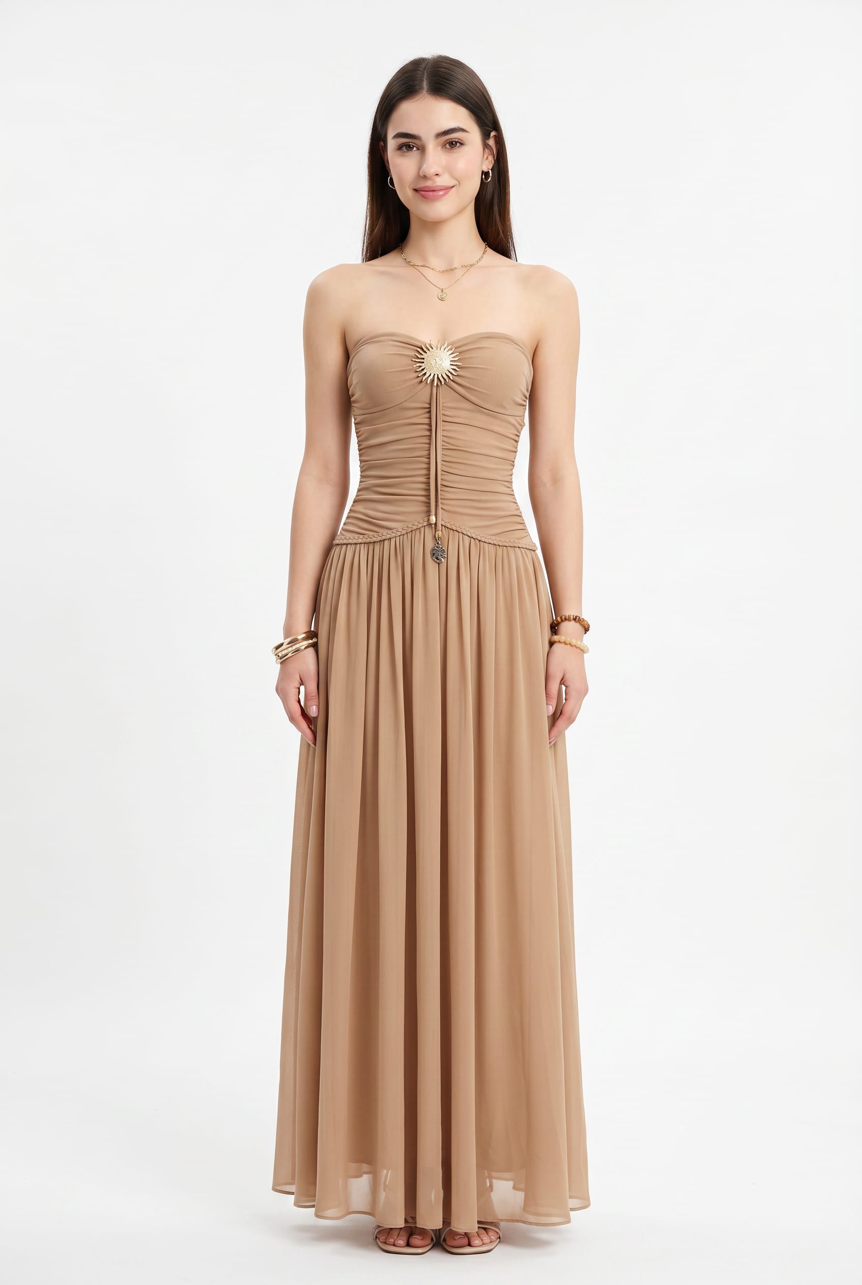 Camel Ruched Strapless Maxi Dress