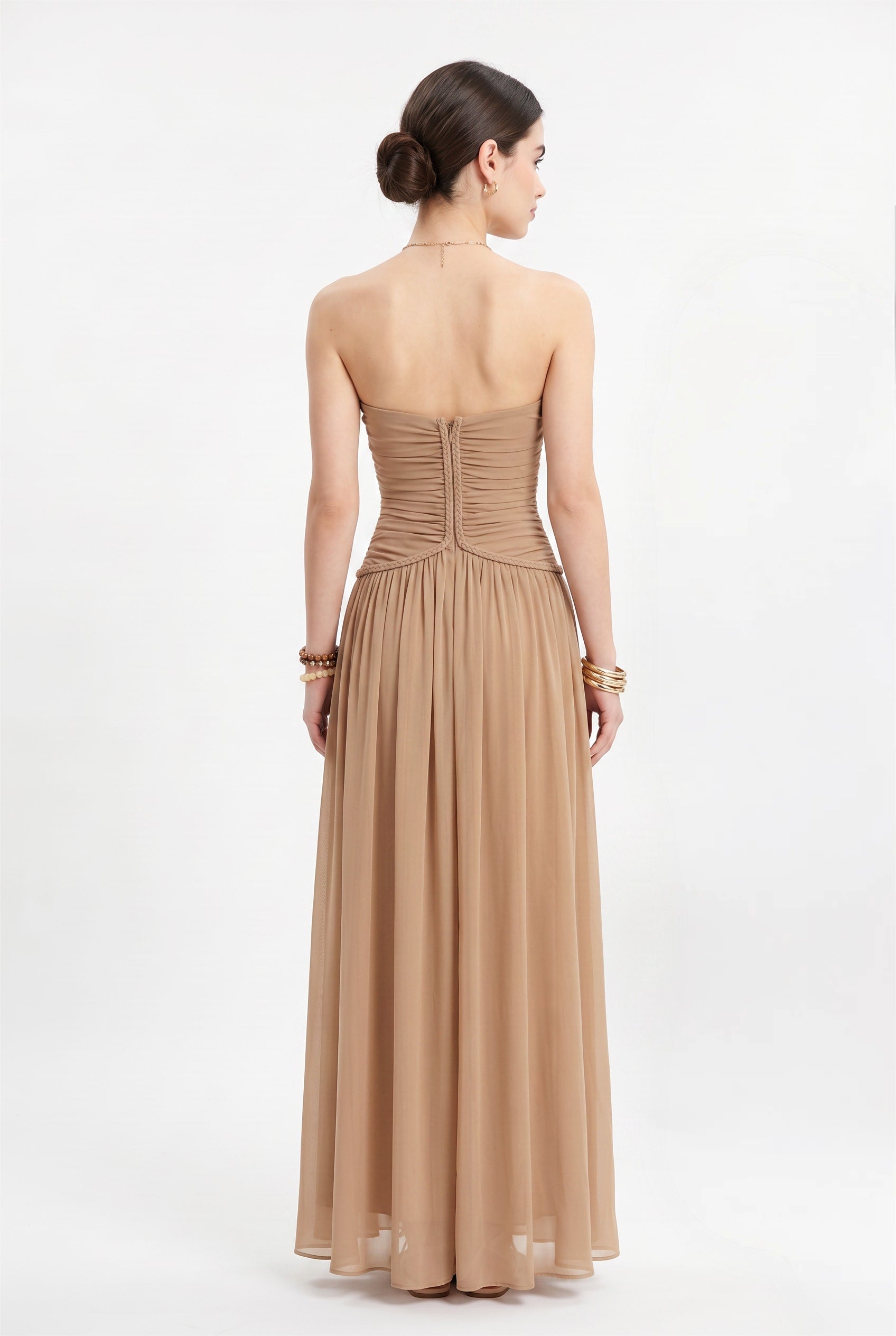 Camel Ruched Strapless Maxi Dress