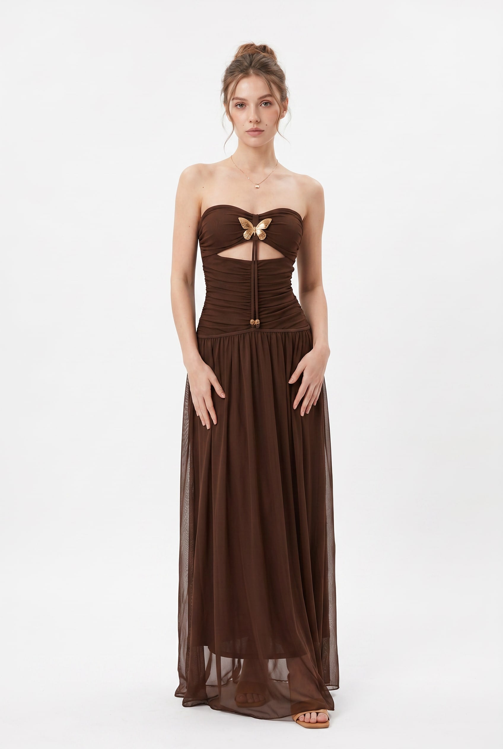 Chocolate Brown Strapless Butterfly Maxi Dress