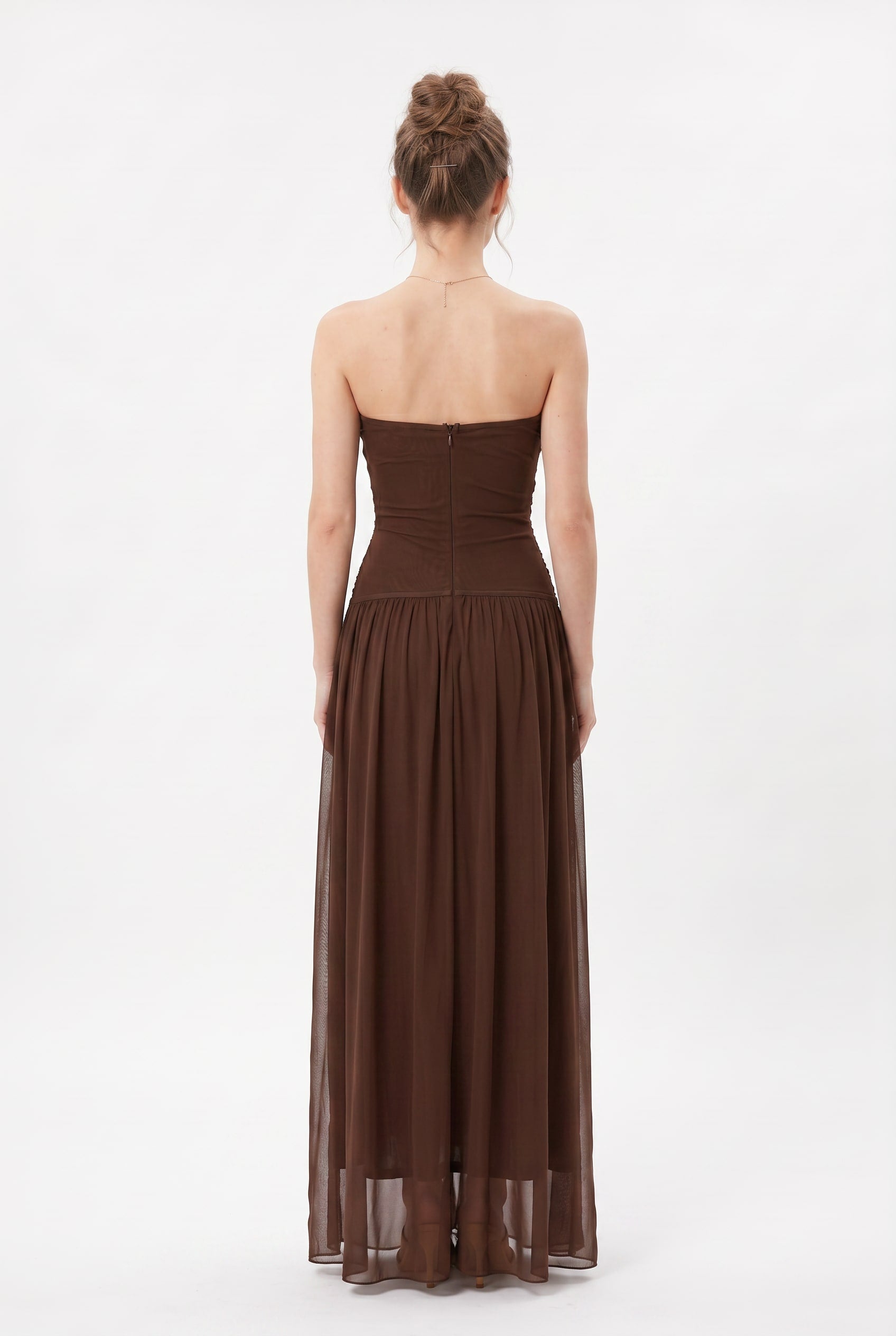 Chocolate Brown Strapless Butterfly Maxi Dress