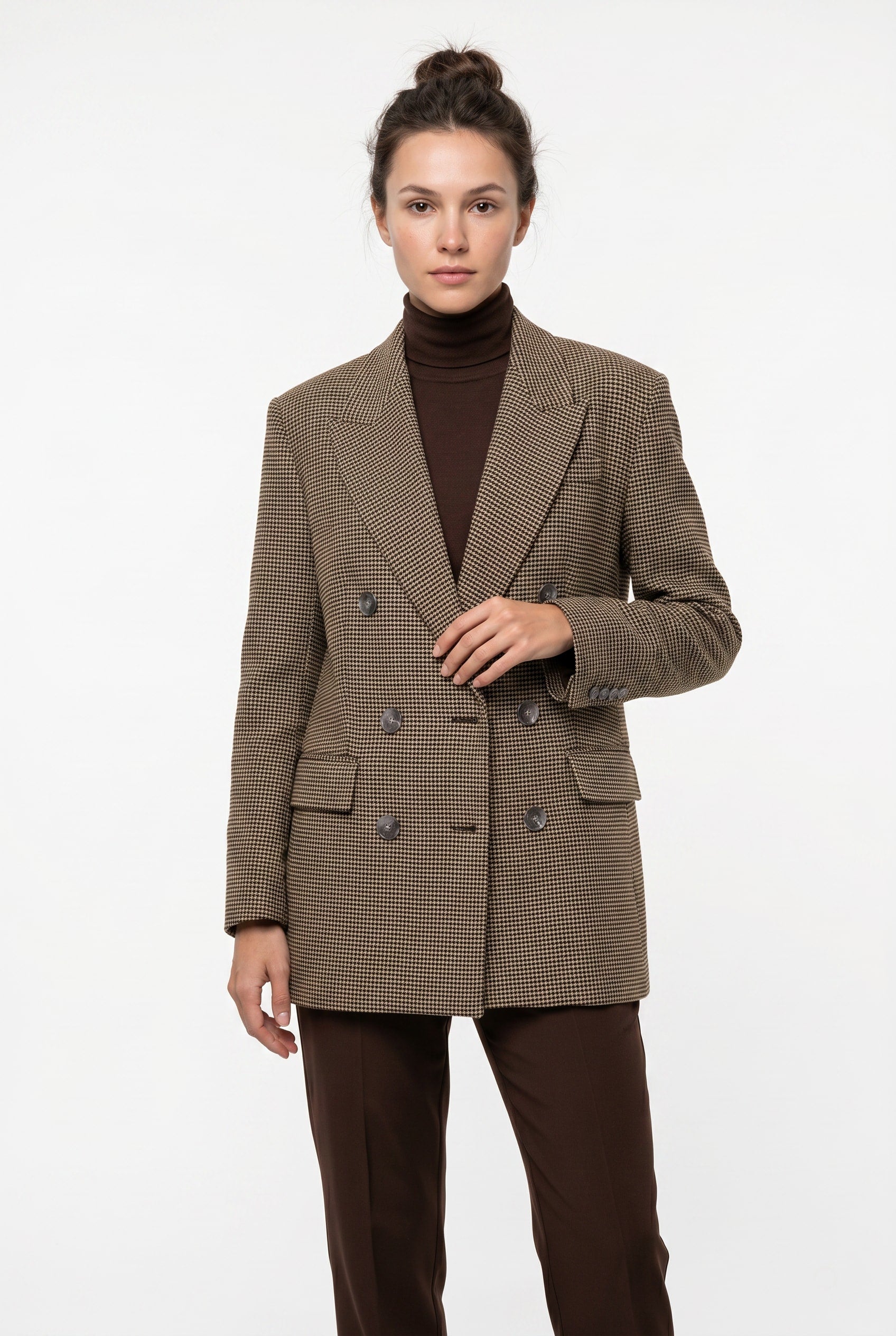 Brown Houndstooth Double-Breasted Blazer