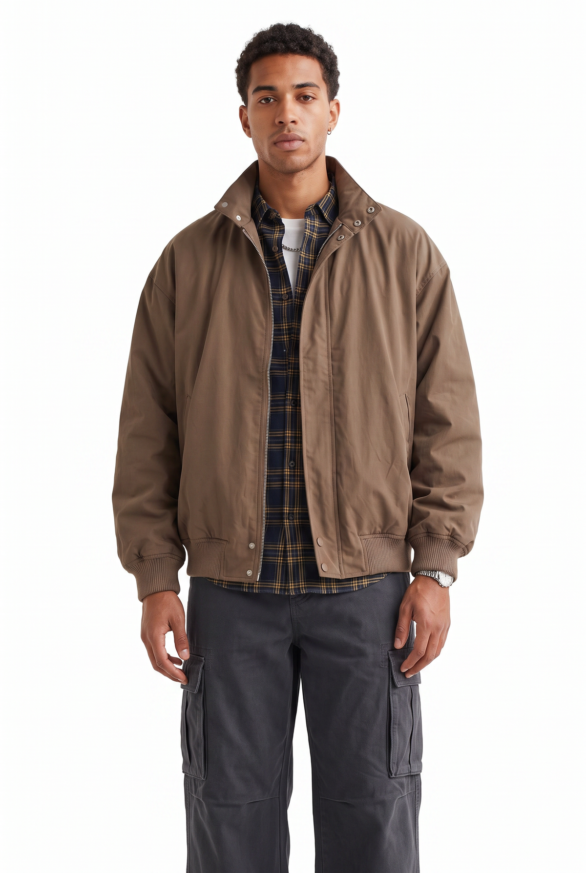 Ribbed Cuff Tan Bomber Jacket