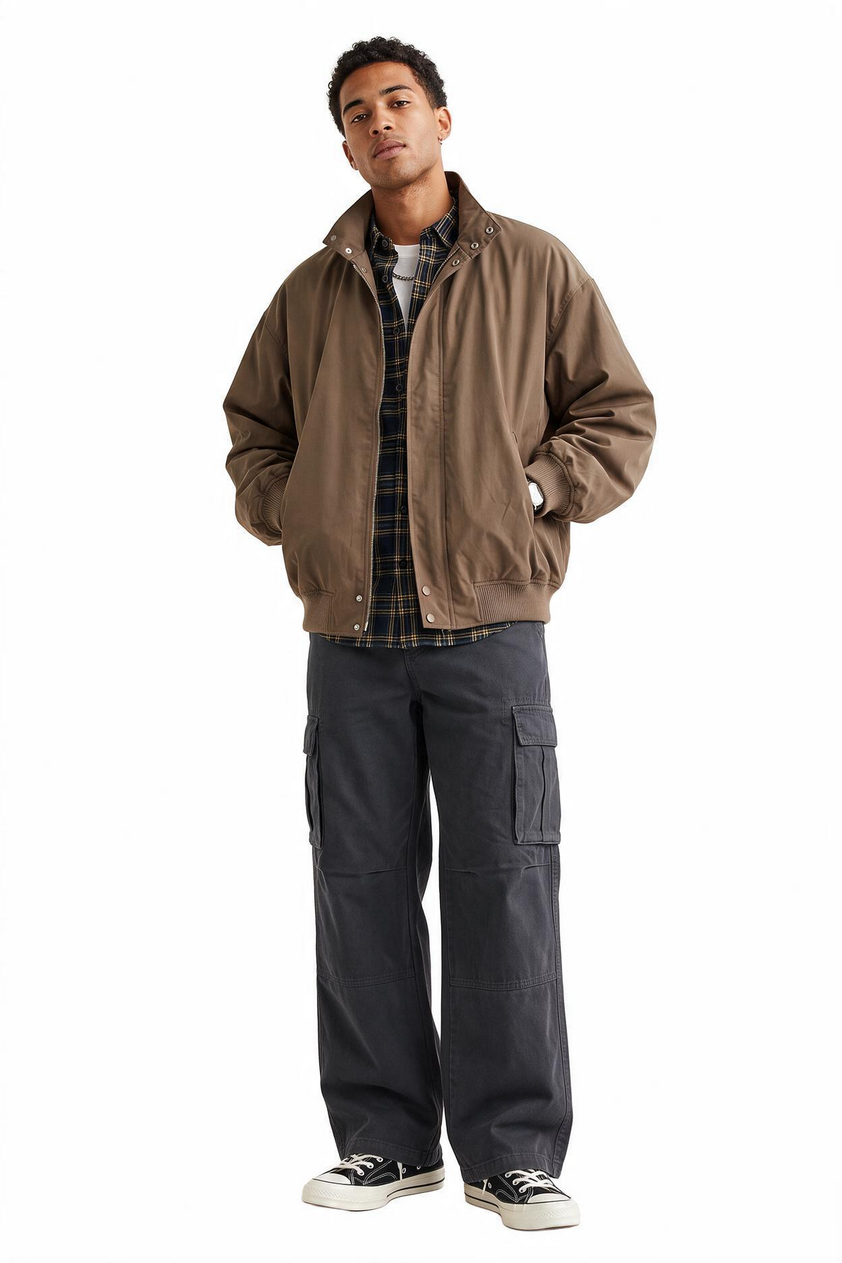 Ribbed Cuff Tan Bomber Jacket