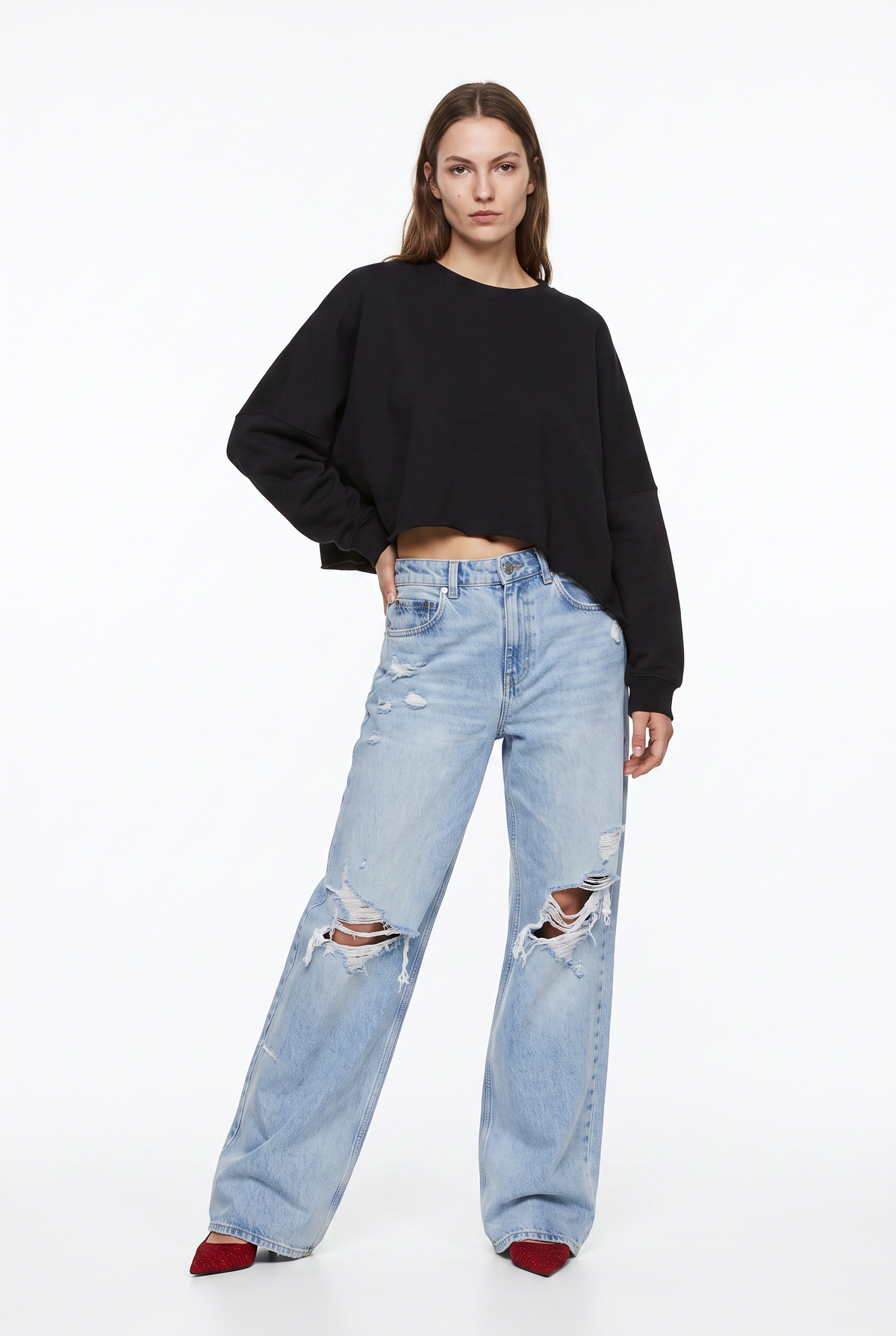 Black Cropped Oversized Fleece Sweatshirt