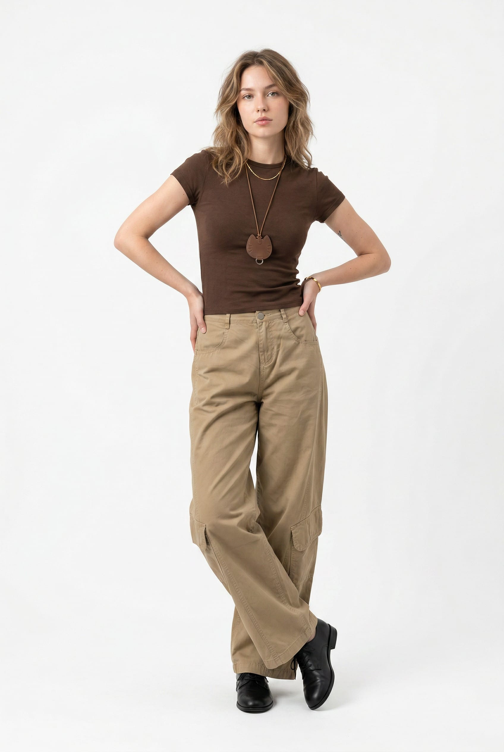 Khaki Wide Leg Cargo Trousers