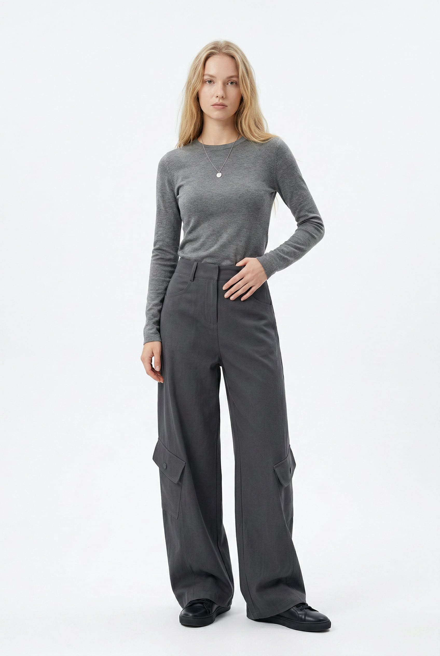Charcoal Wide Leg Cargo Trousers