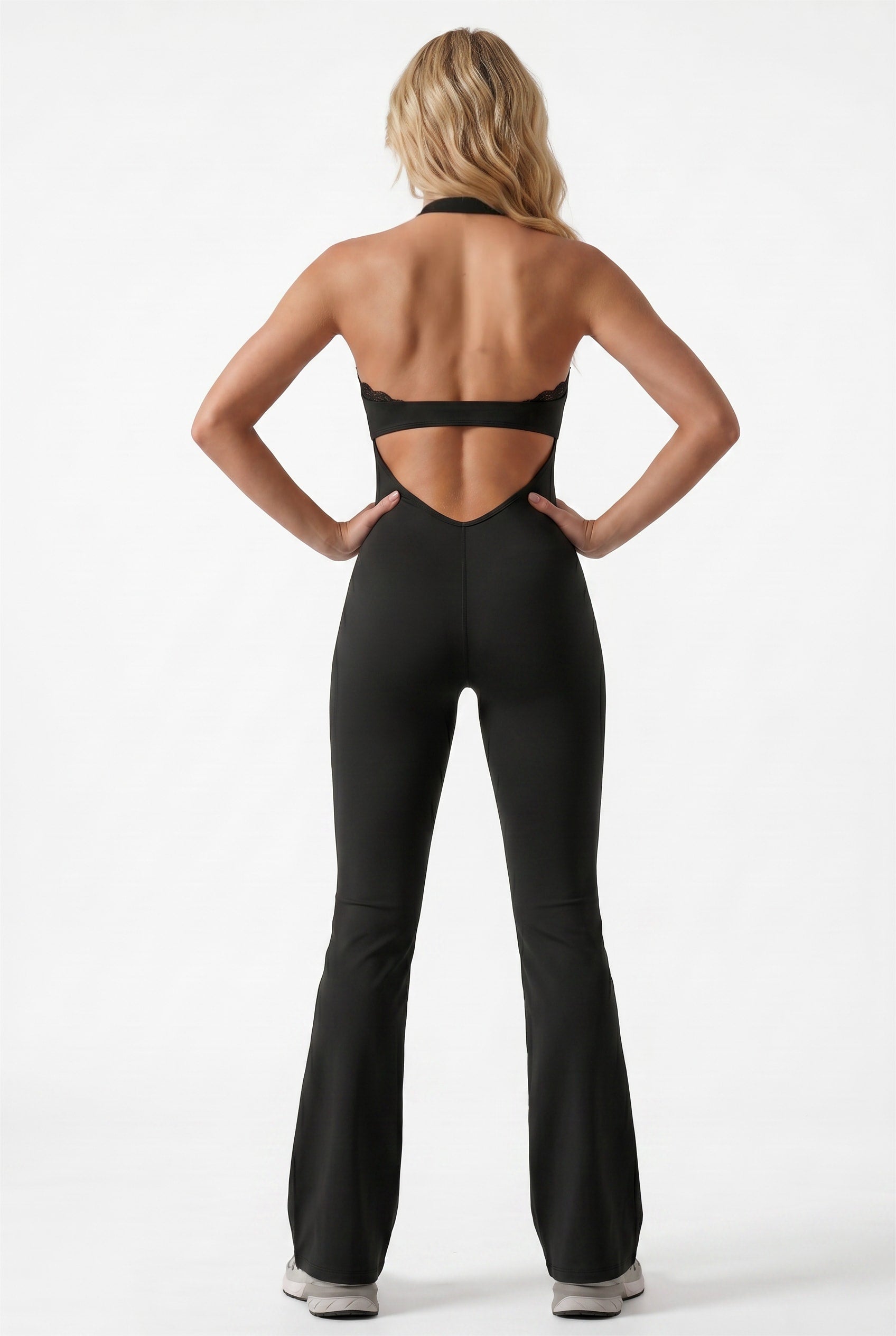 Black Lace-Trim Halter Neck Jumpsuit