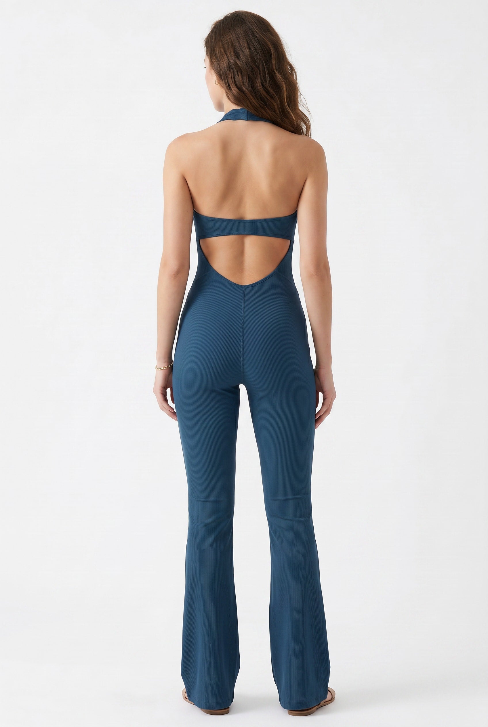Teal Ribbed Halter Neck Flare Jumpsuit