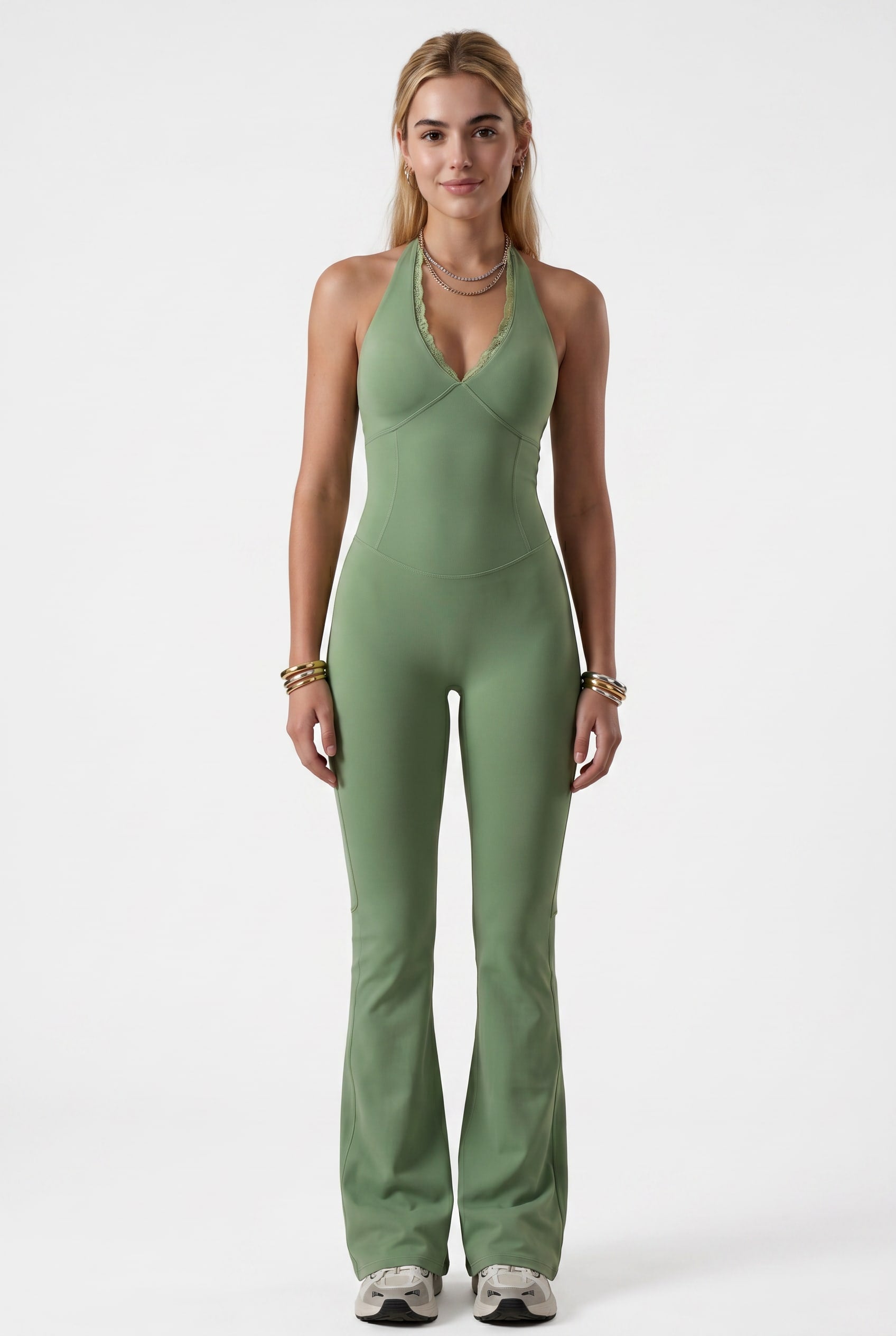 Sage Green Halter Neck Flare Jumpsuit