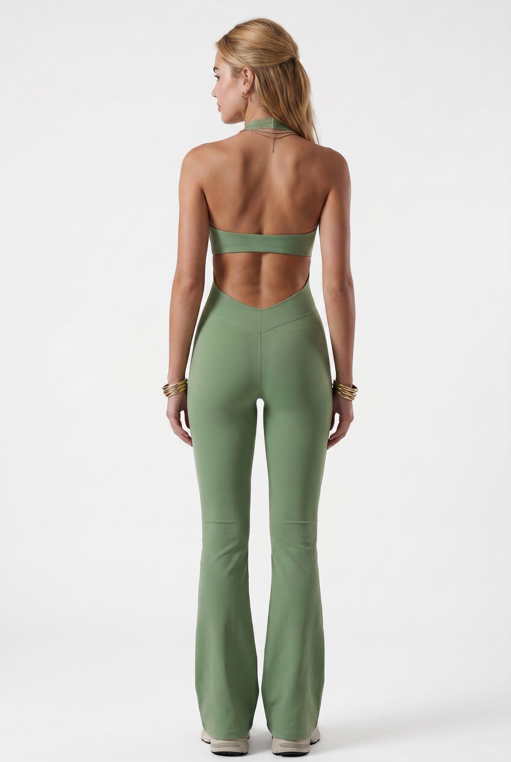 Sage Green Halter Neck Flare Jumpsuit
