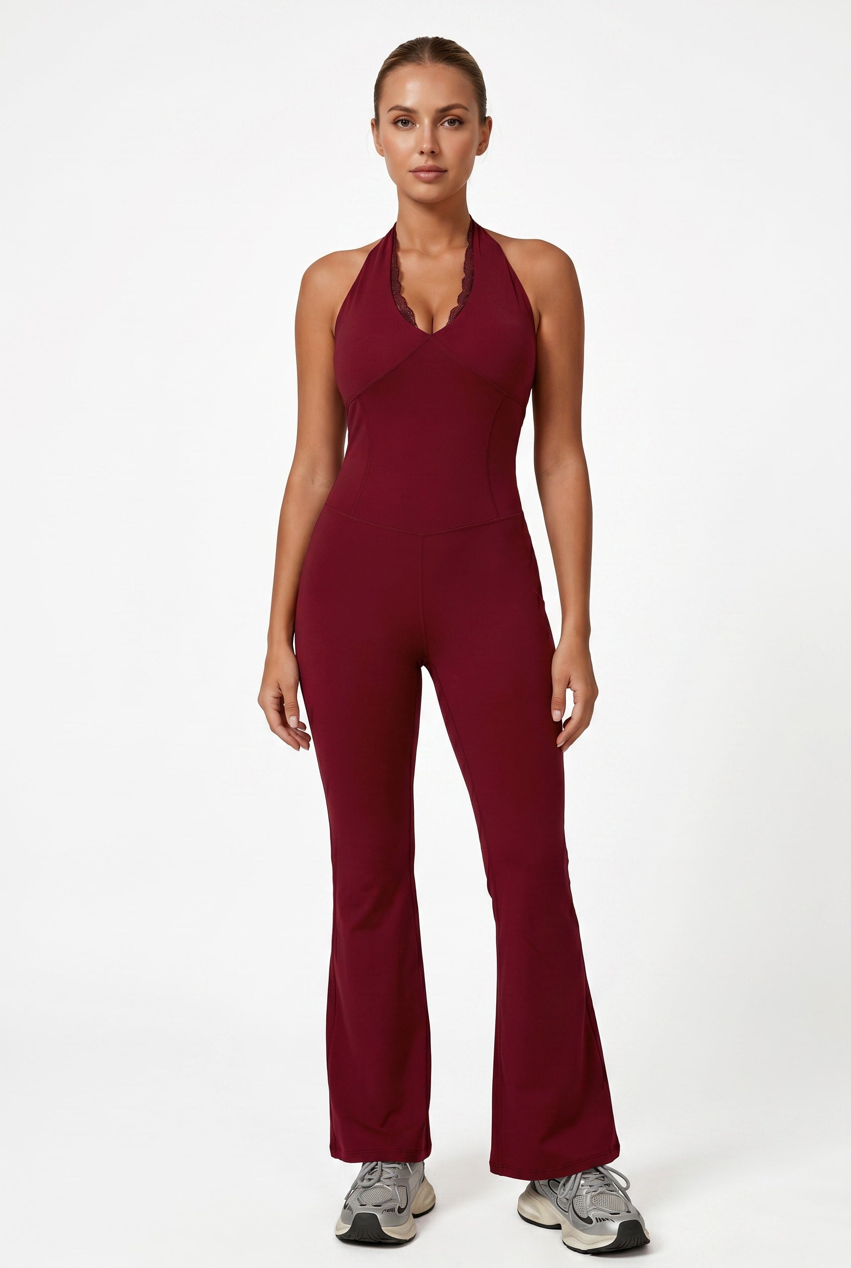 Burgundy Halter Neck Jumpsuit Flare