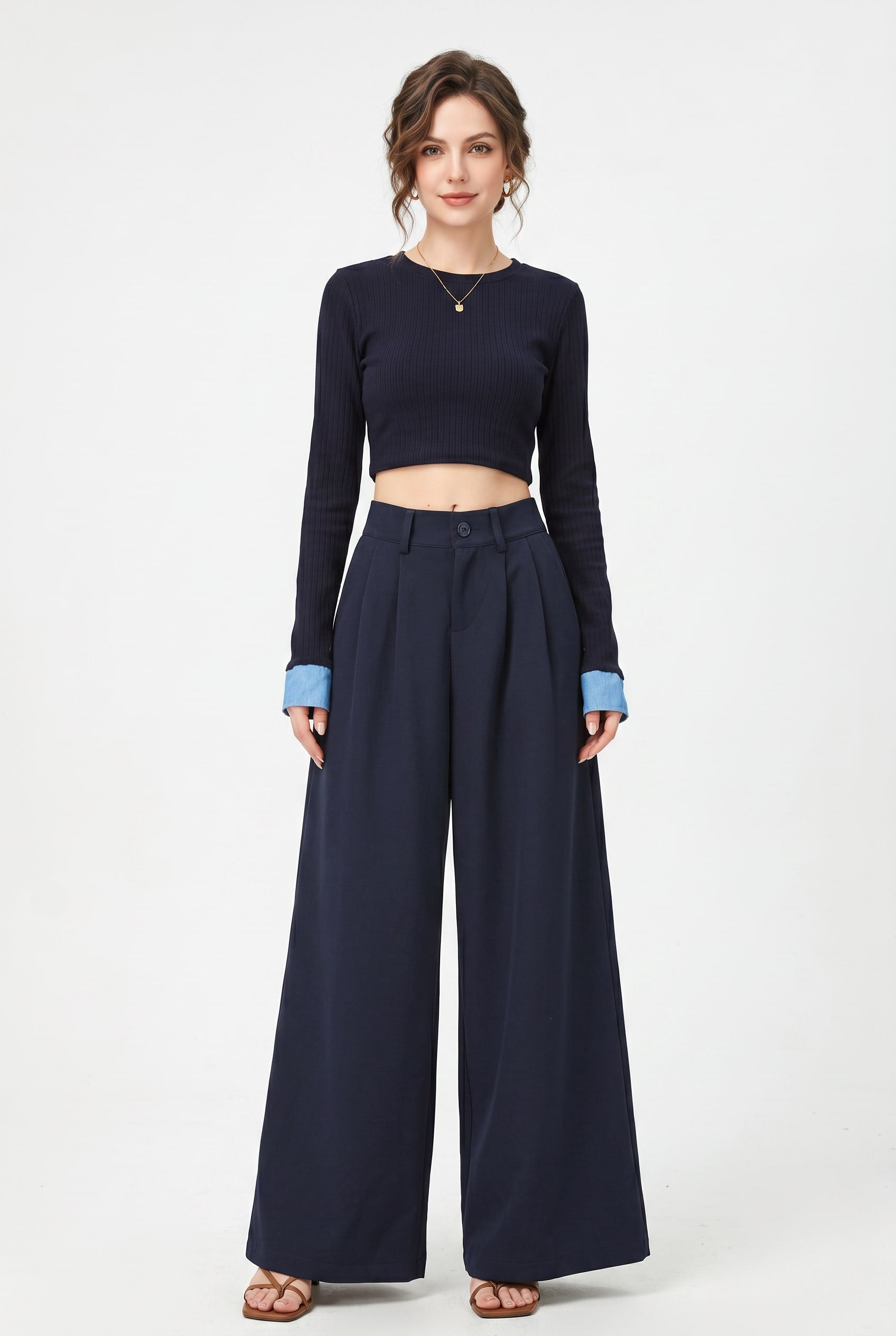 Navy Wide Leg Pleated Trousers