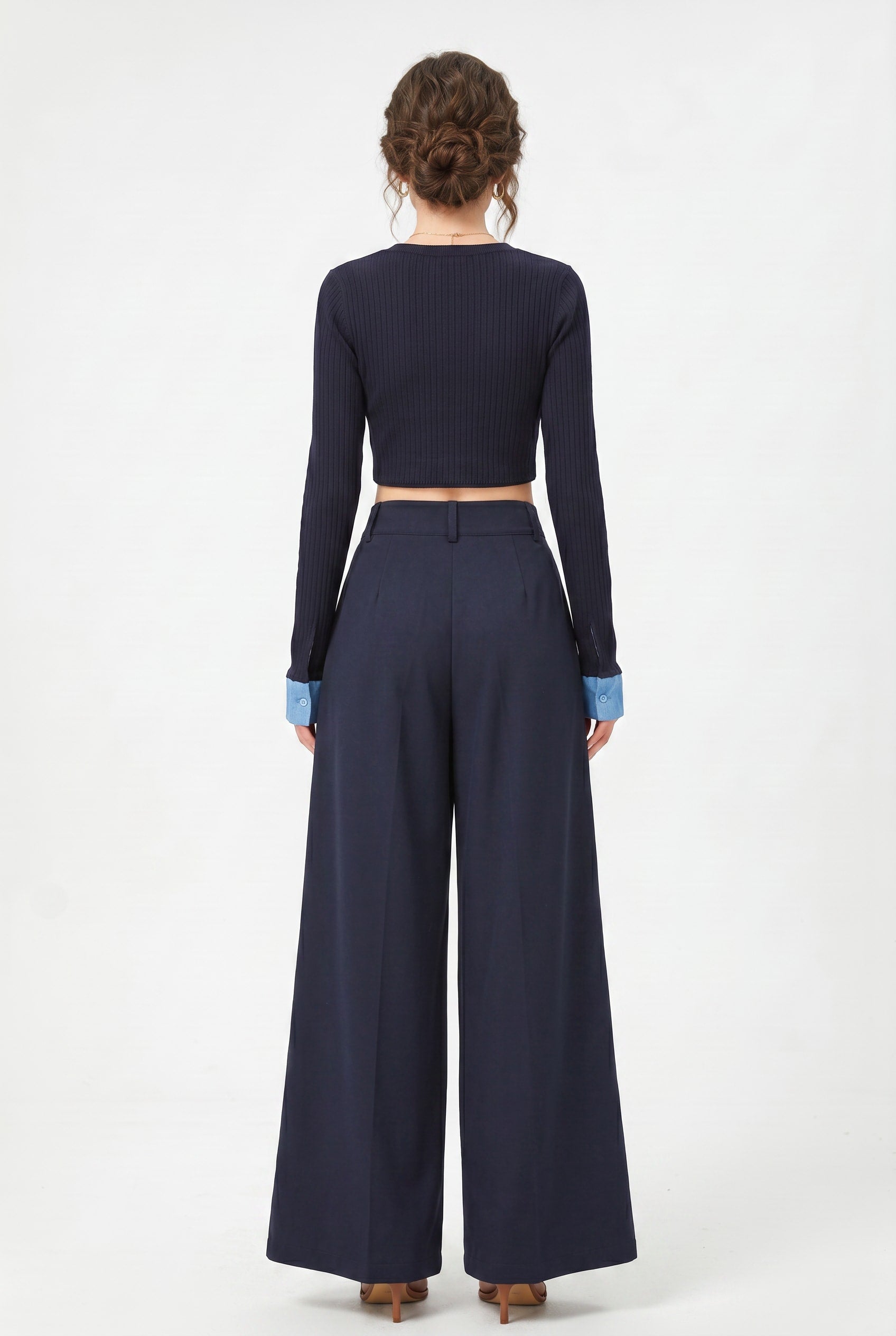 Navy Wide Leg Pleated Trousers