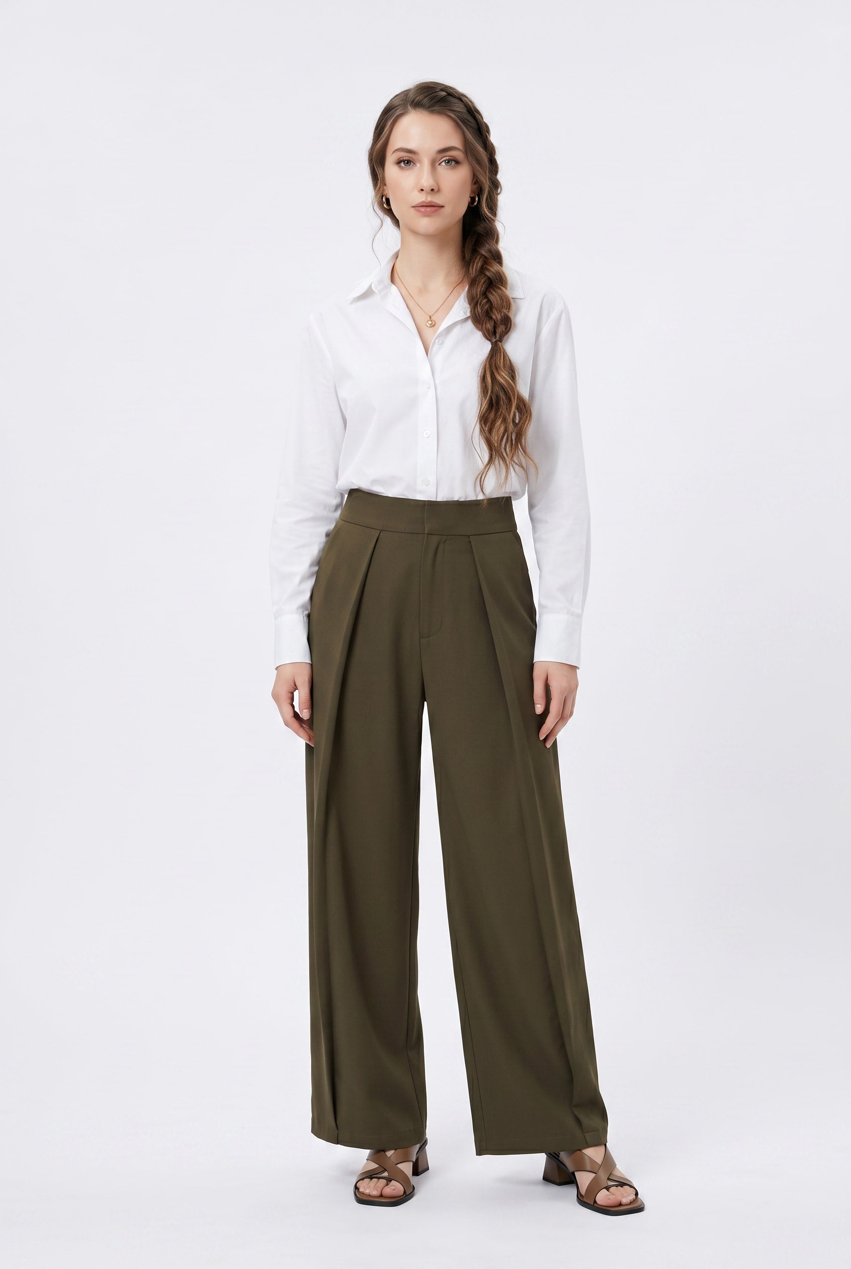 Olive Green Pleated Wide-Leg Trousers