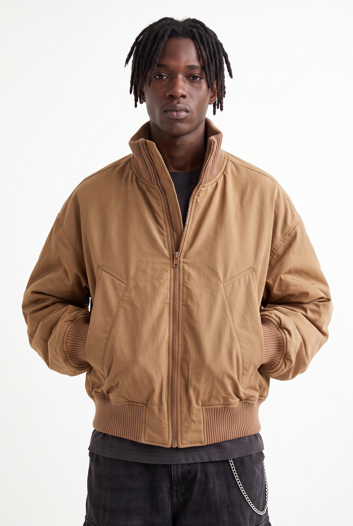 Ribbed Collar Tan Bomber Jacket
