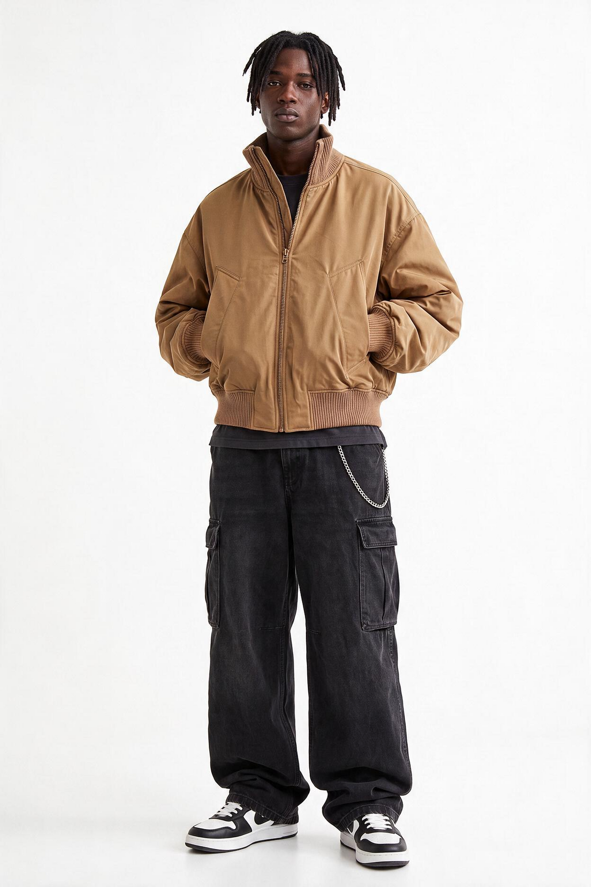 Ribbed Collar Tan Bomber Jacket
