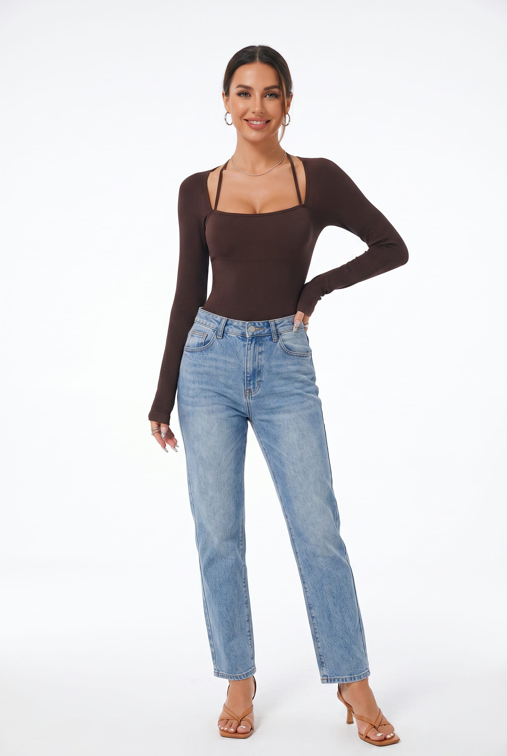 Chocolate Brown Double Strap Ribbed Bodysuit