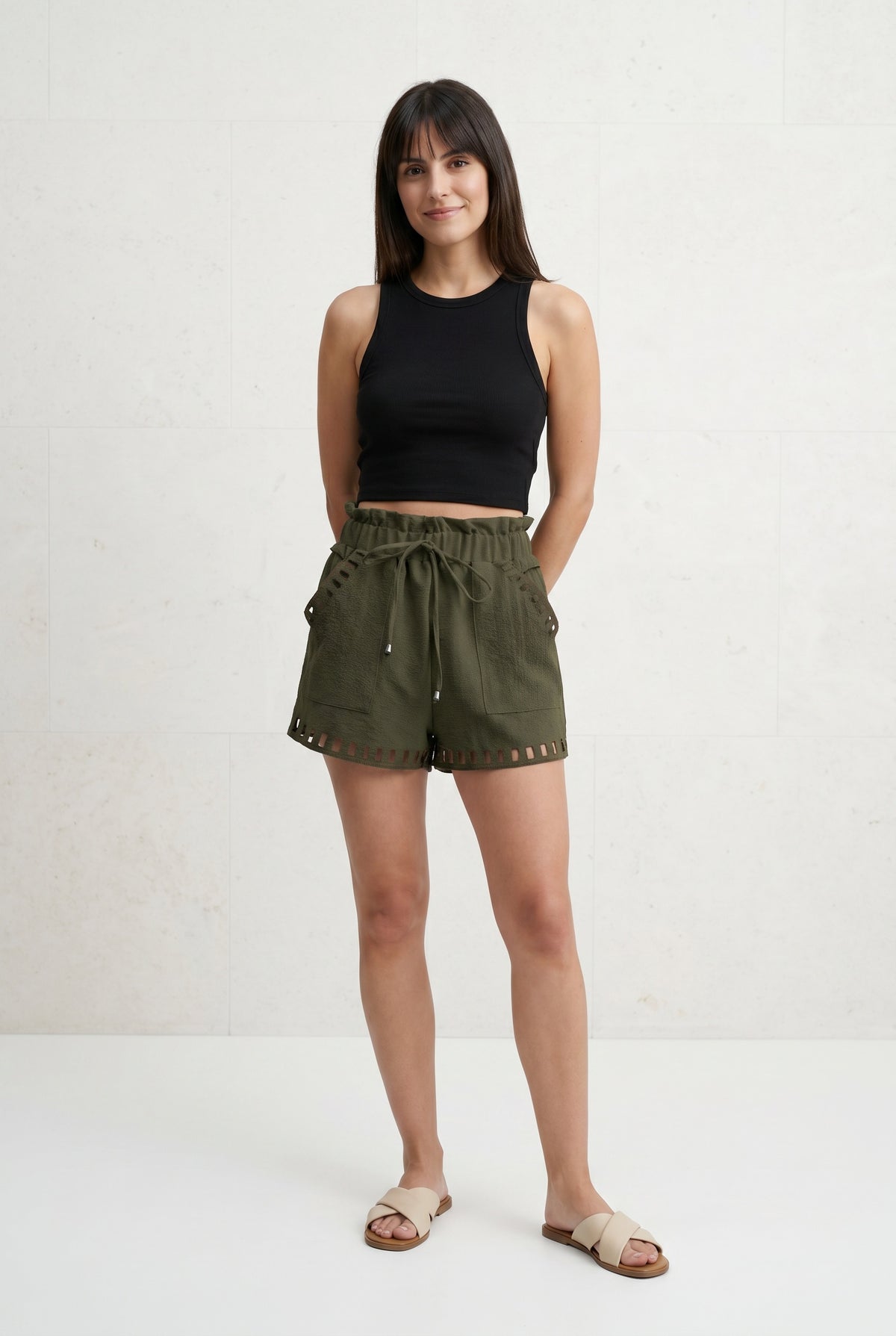 Olive Green Cotton Paperbag Shorts