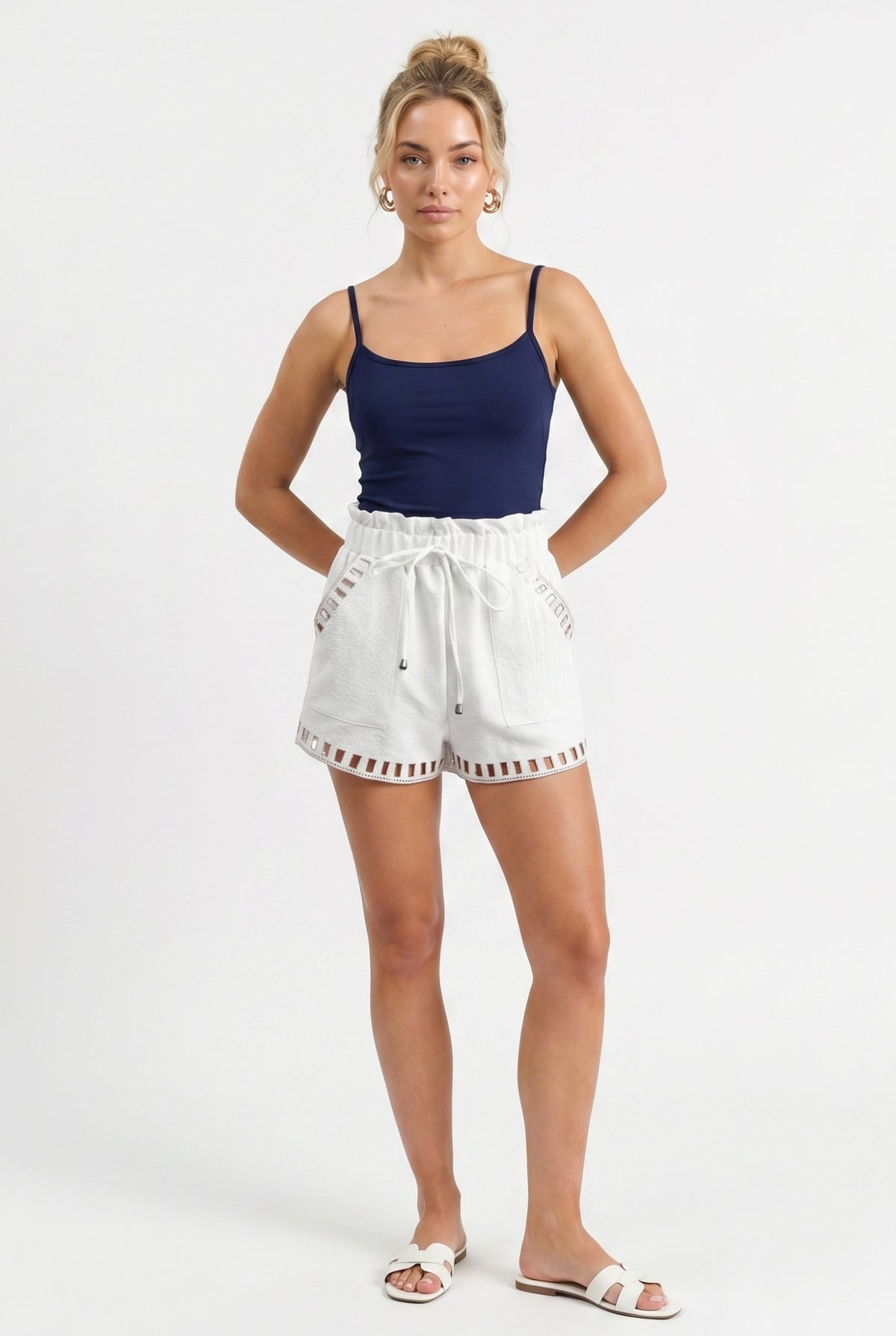 White Eyelet Trim Paperbag Shorts