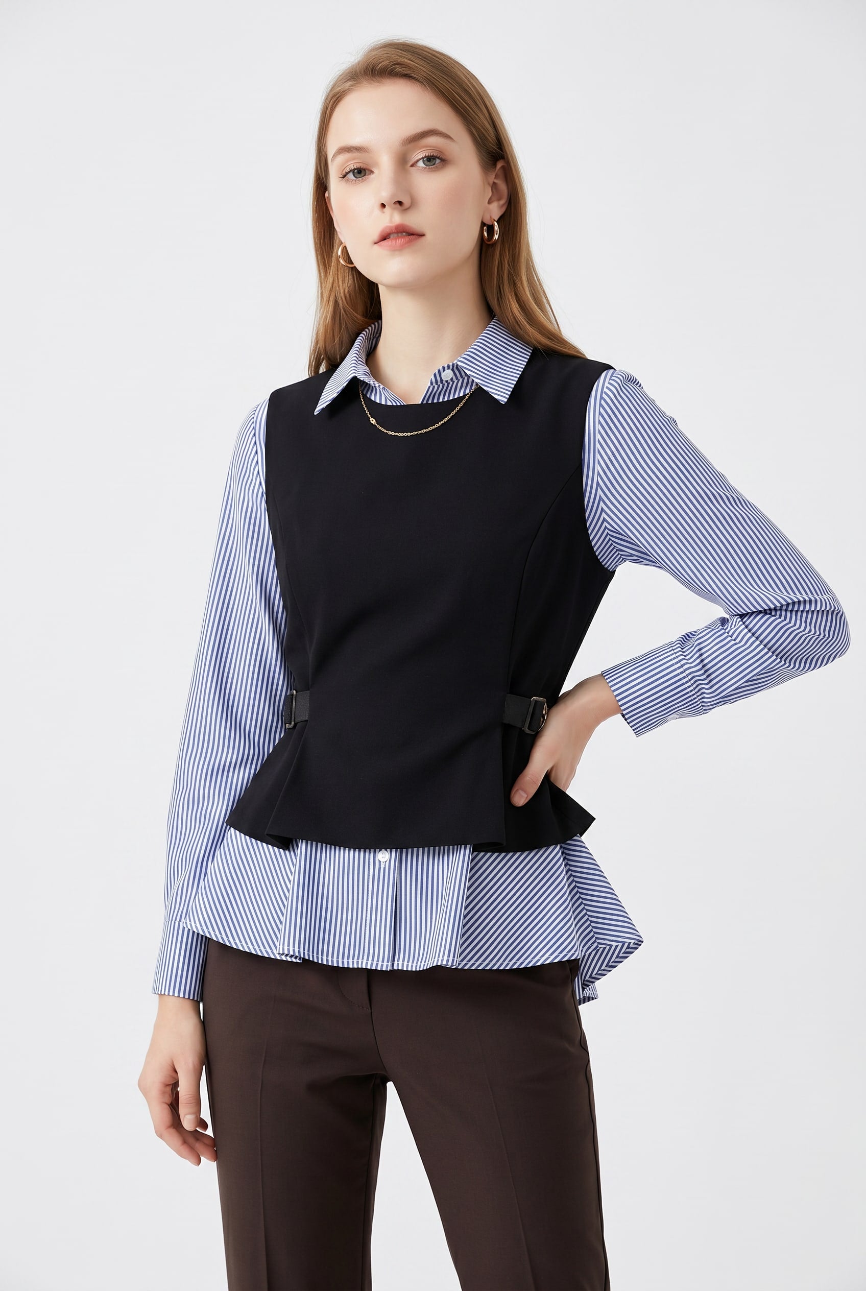 Black Vest Layered Striped Shirt Blouse