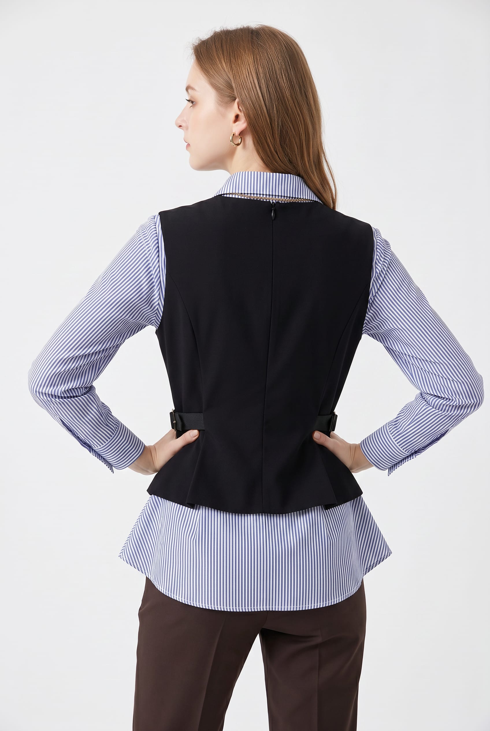 Black Vest Layered Striped Shirt Blouse