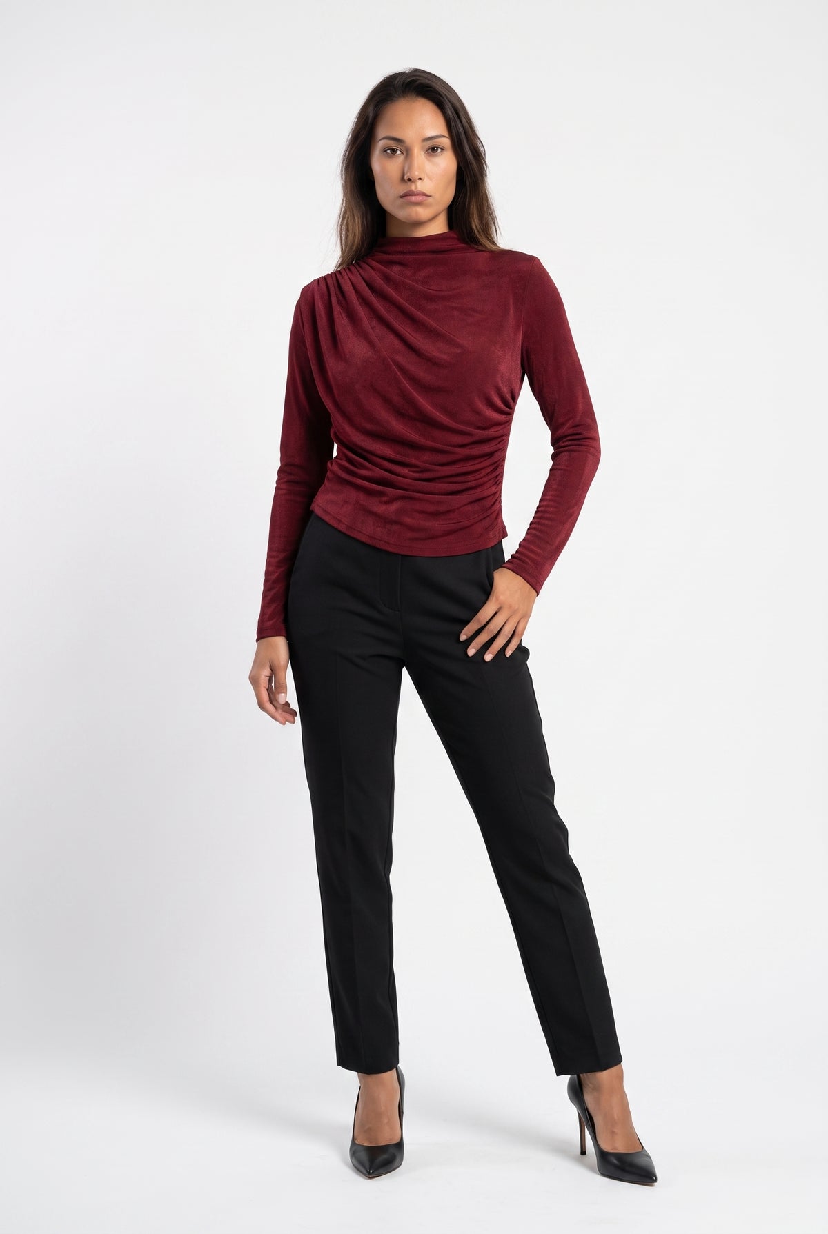 Burgundy Ruched Mock Neck Blouse