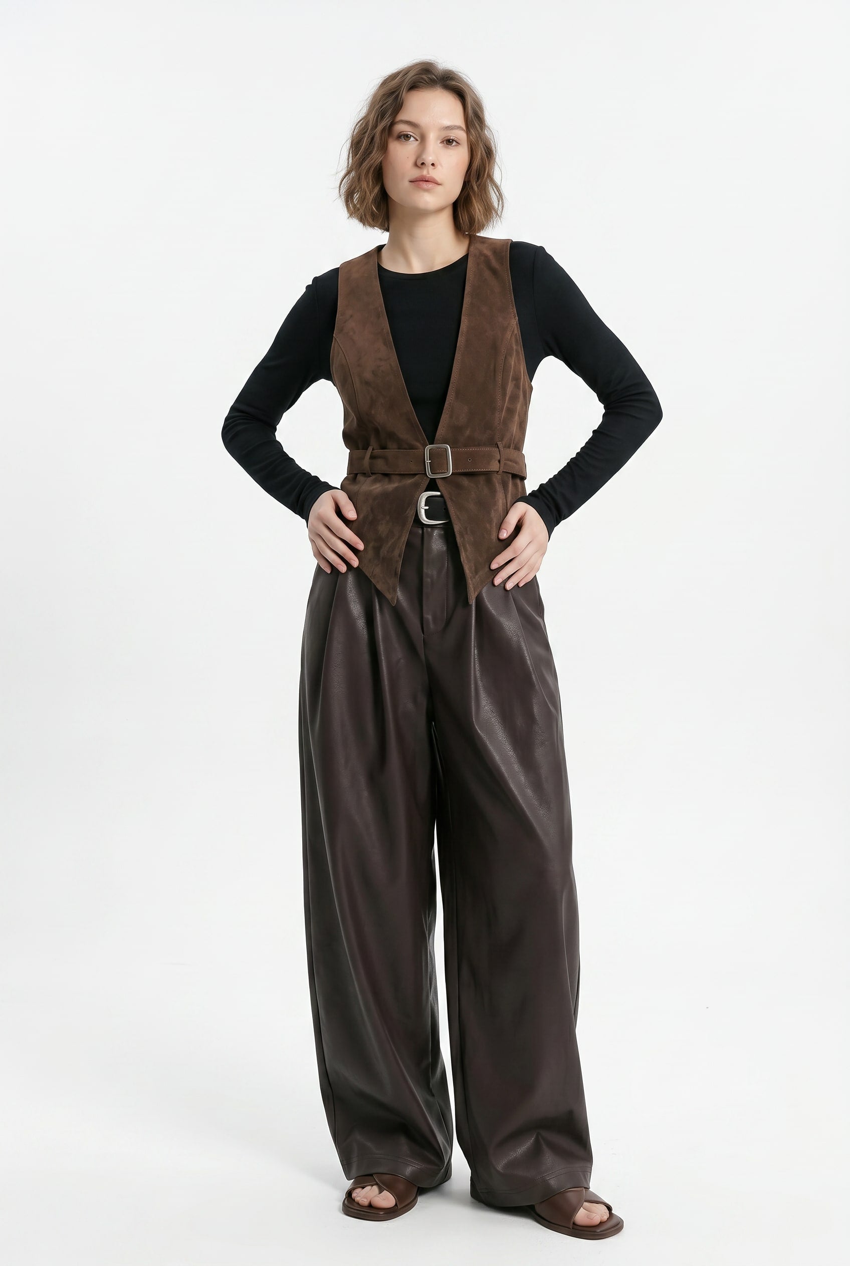 Chocolate Brown Faux Leather Wide-Leg Trousers