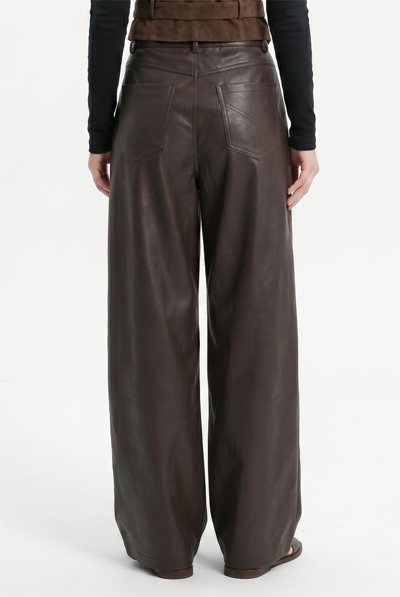 Chocolate Brown Faux Leather Wide-Leg Trousers