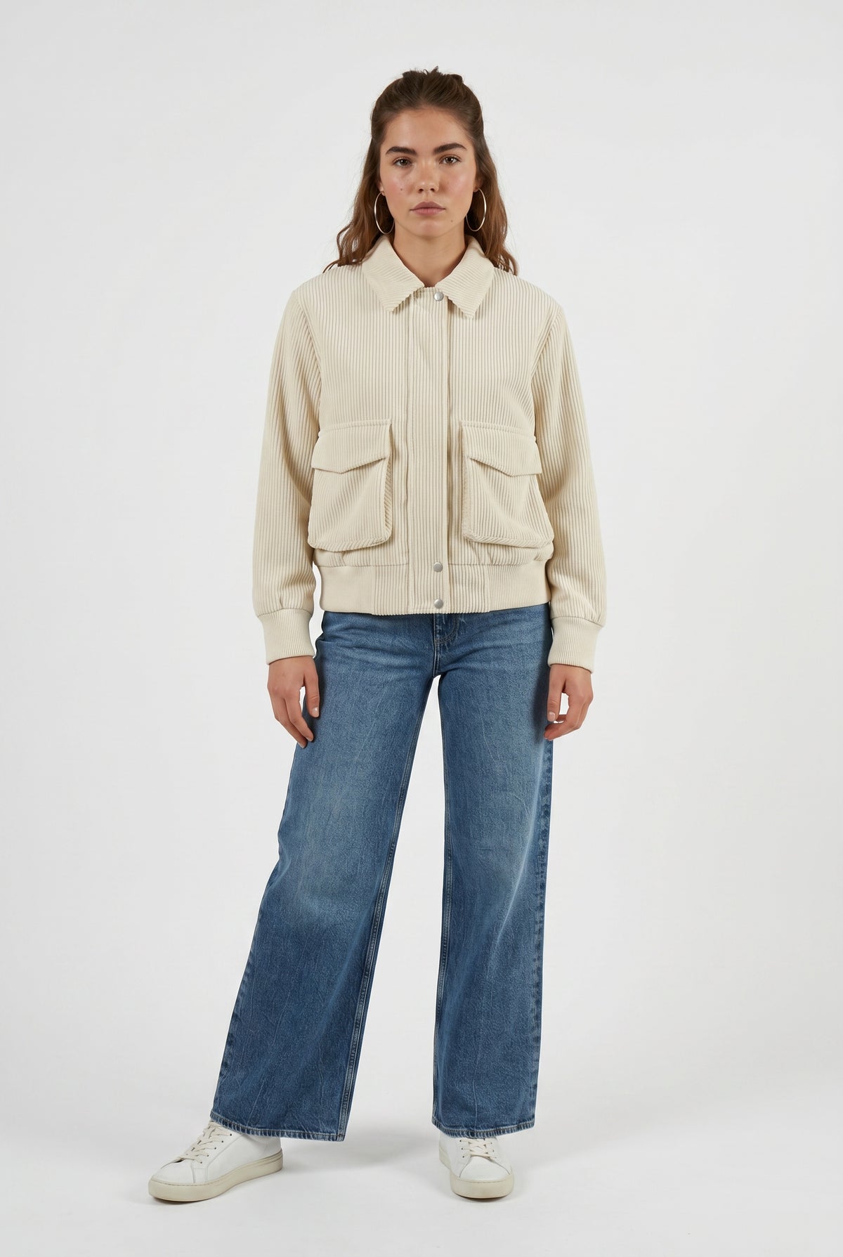 Beige Corduroy Ribbed Bomber Jacket