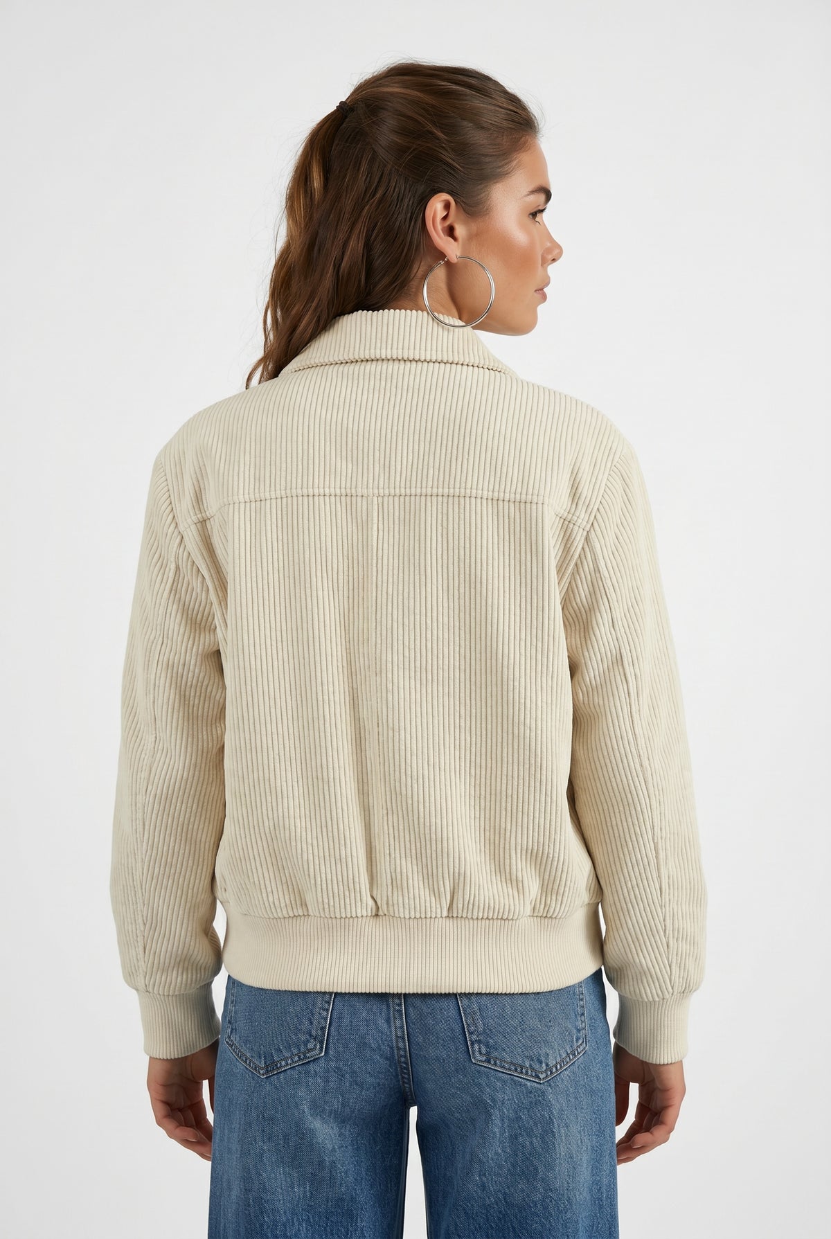 Beige Corduroy Ribbed Bomber Jacket