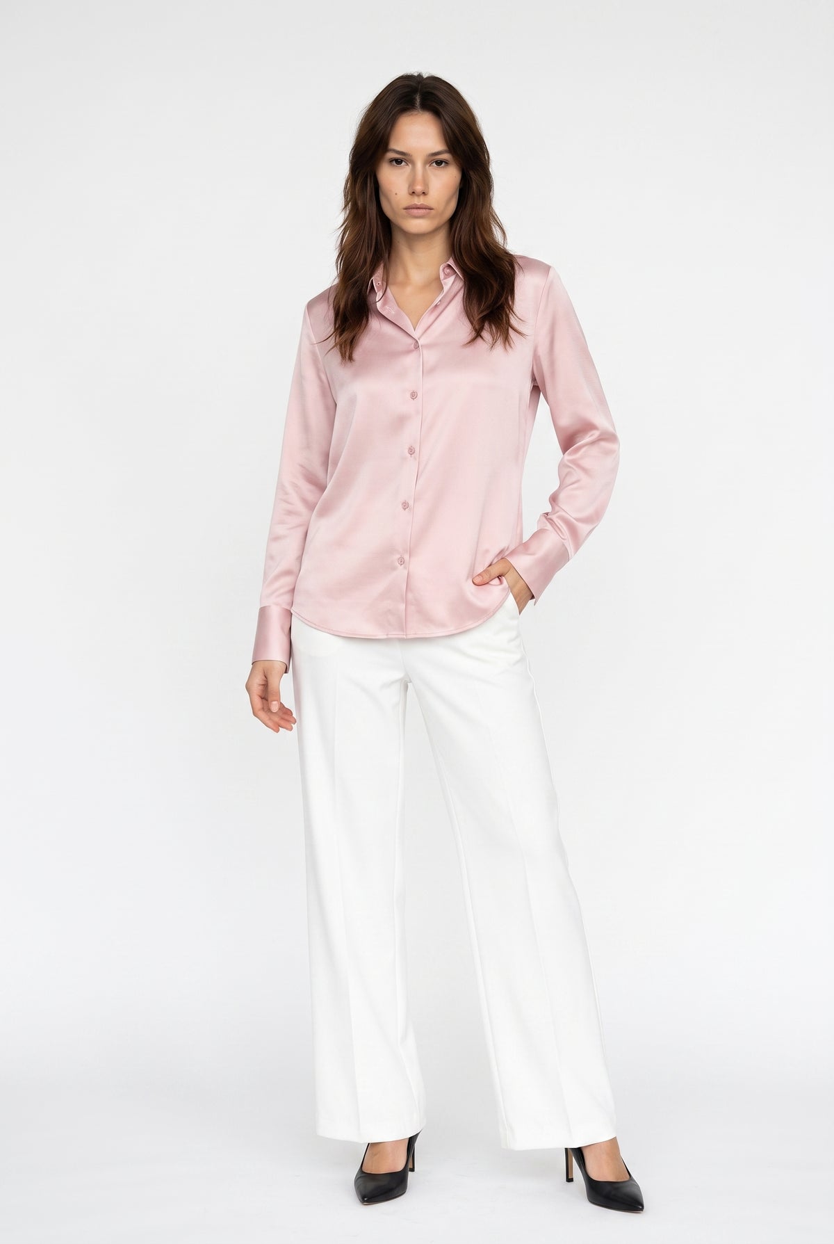 Pink Satin Button-Up Blouse