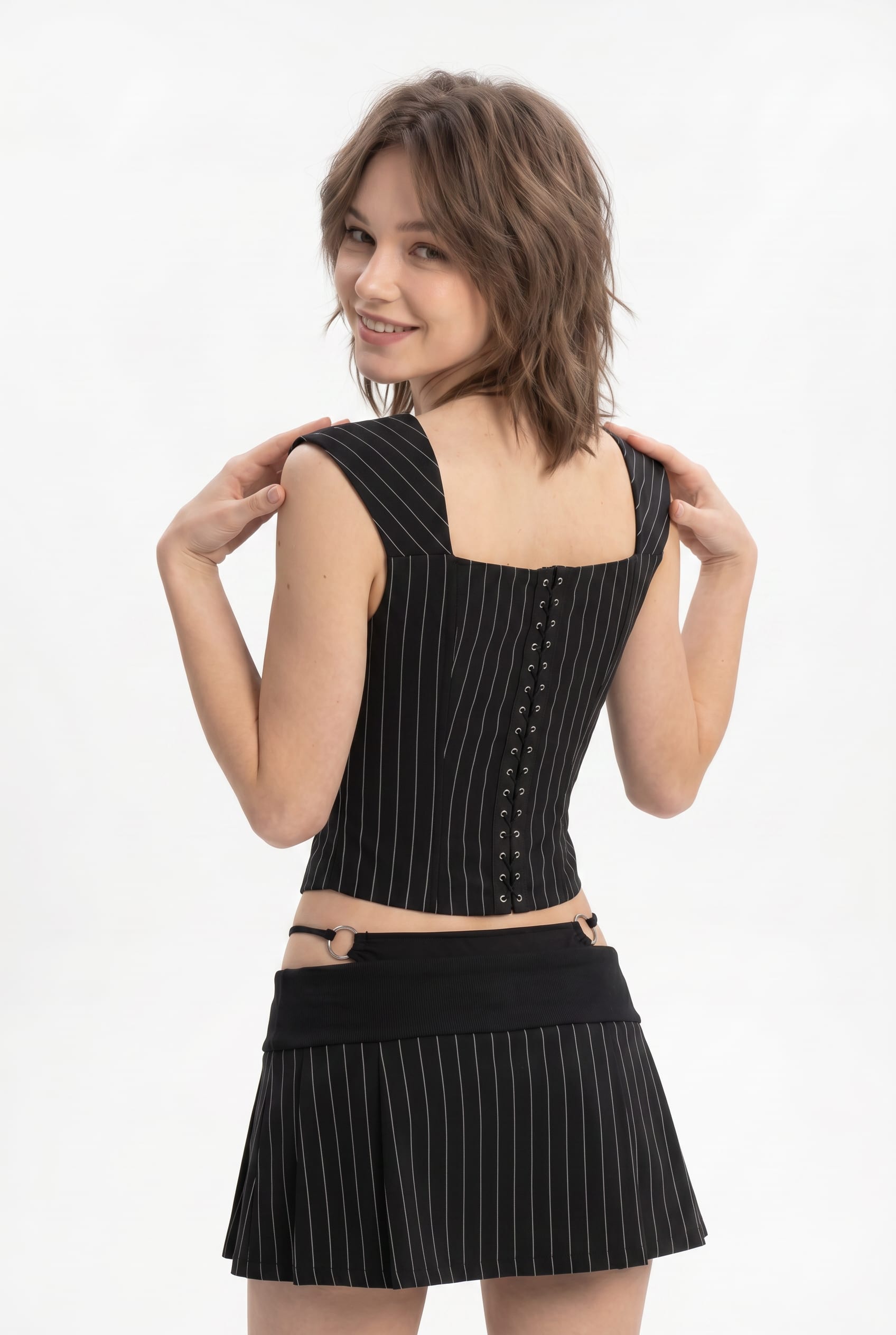 Black Pinstripe Lace-Trim Corset Top